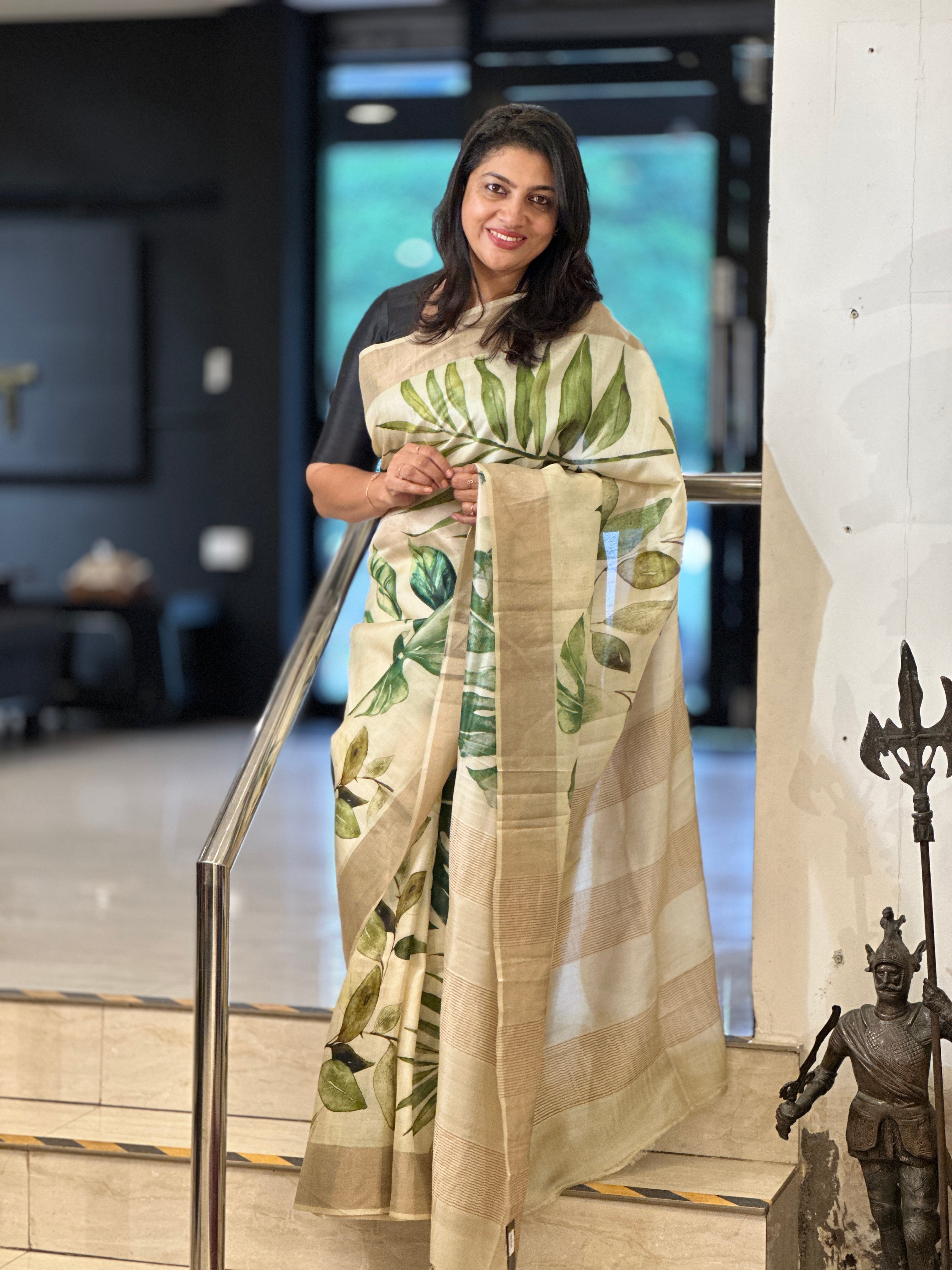 Digital Printed Leaf Patterned Pure Tussar Saree | AYD179