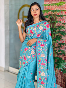 Multi-Colour Floral Cross Stitch Embroidered Pure Tussar Saree | SUN448