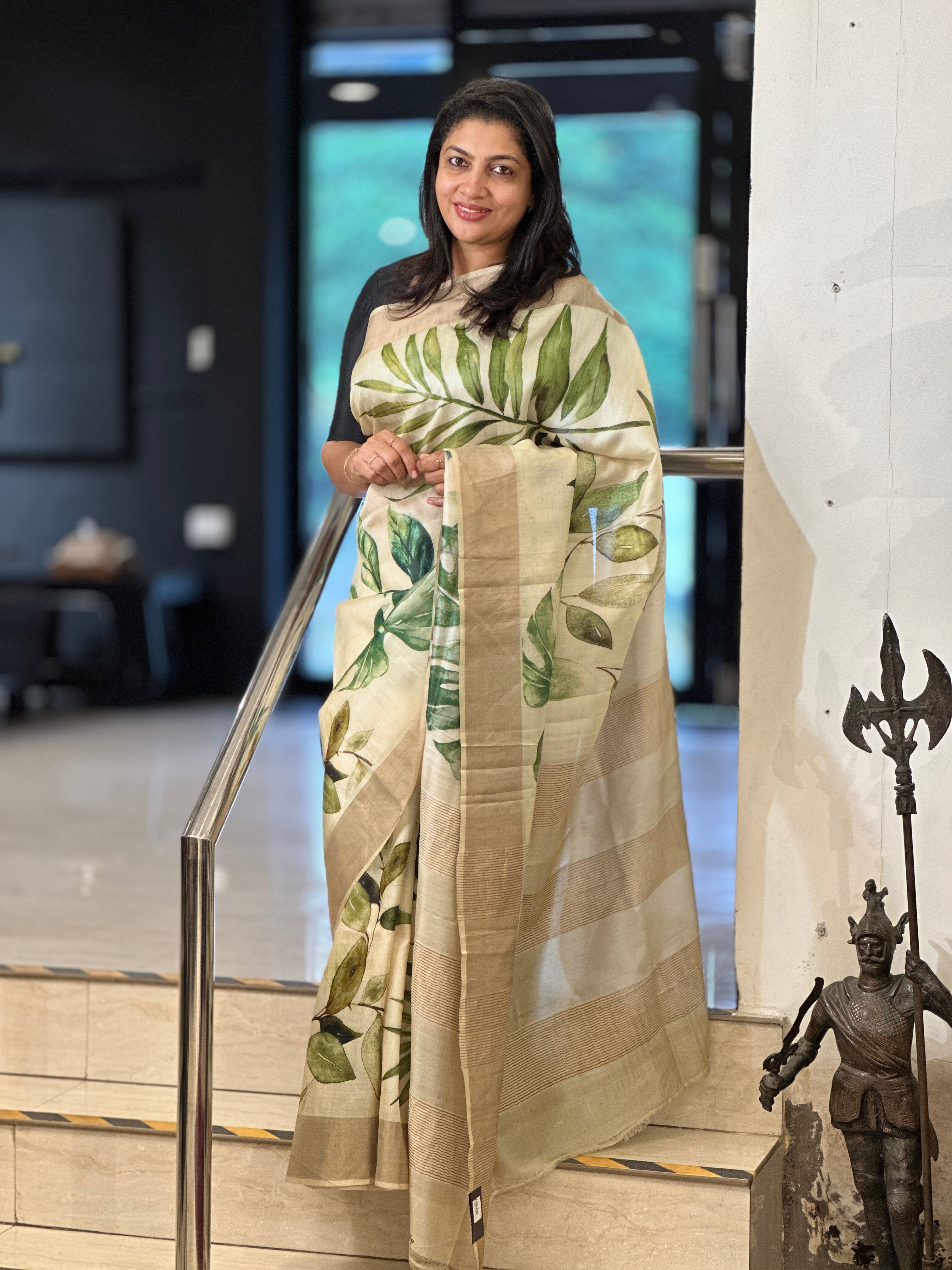 Digital Printed Leaf Patterned Pure Tussar Saree | AYD179