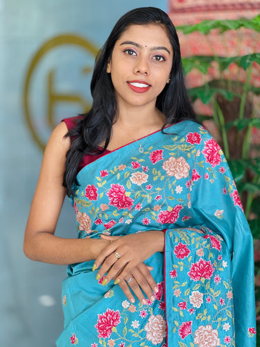 Multi-Colour Floral Cross Stitch Embroidered Pure Tussar Saree | SUN448