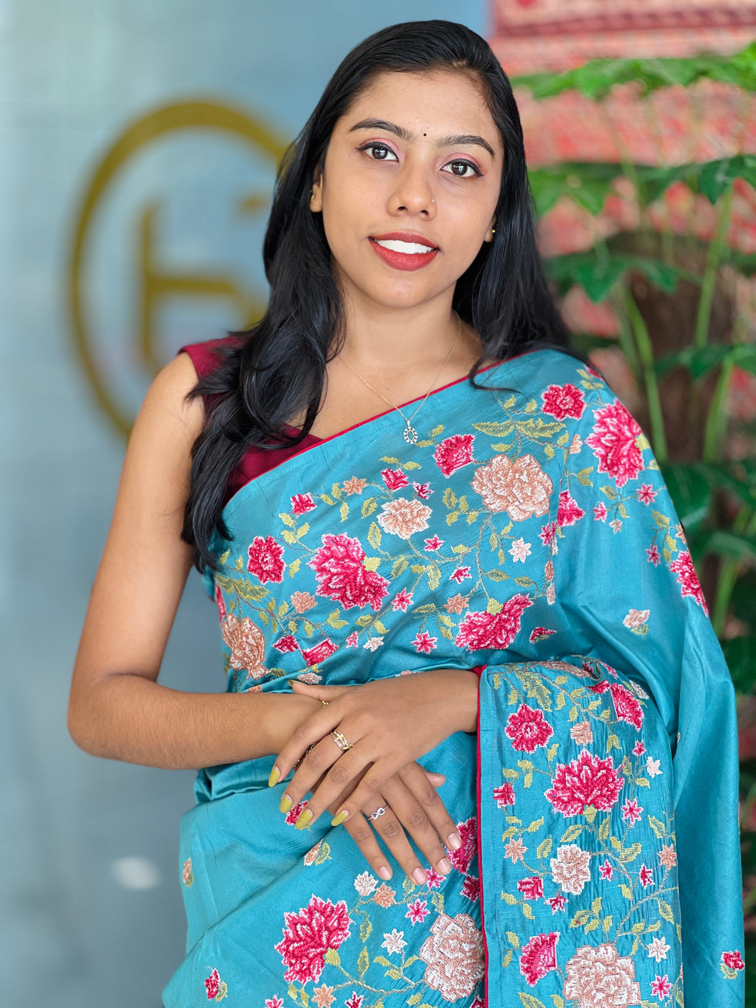 Multi-Colour Floral Cross Stitch Embroidered Pure Tussar Saree | SUN448