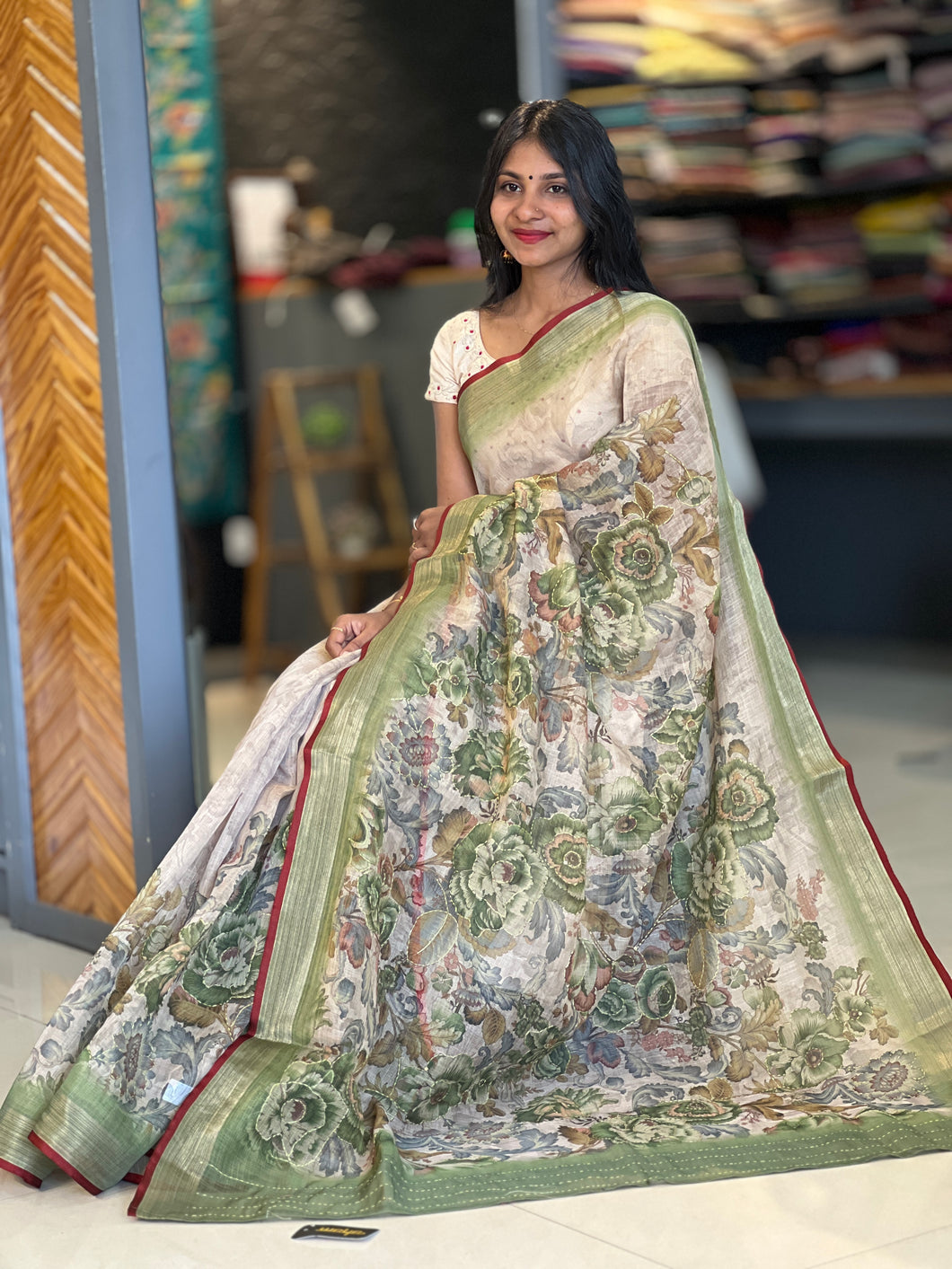 Floral Printed Tissue Linen Saree | KSD152