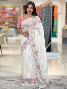 Floral Cross Stitch Embroidered Silky Kota Saree | NHH463