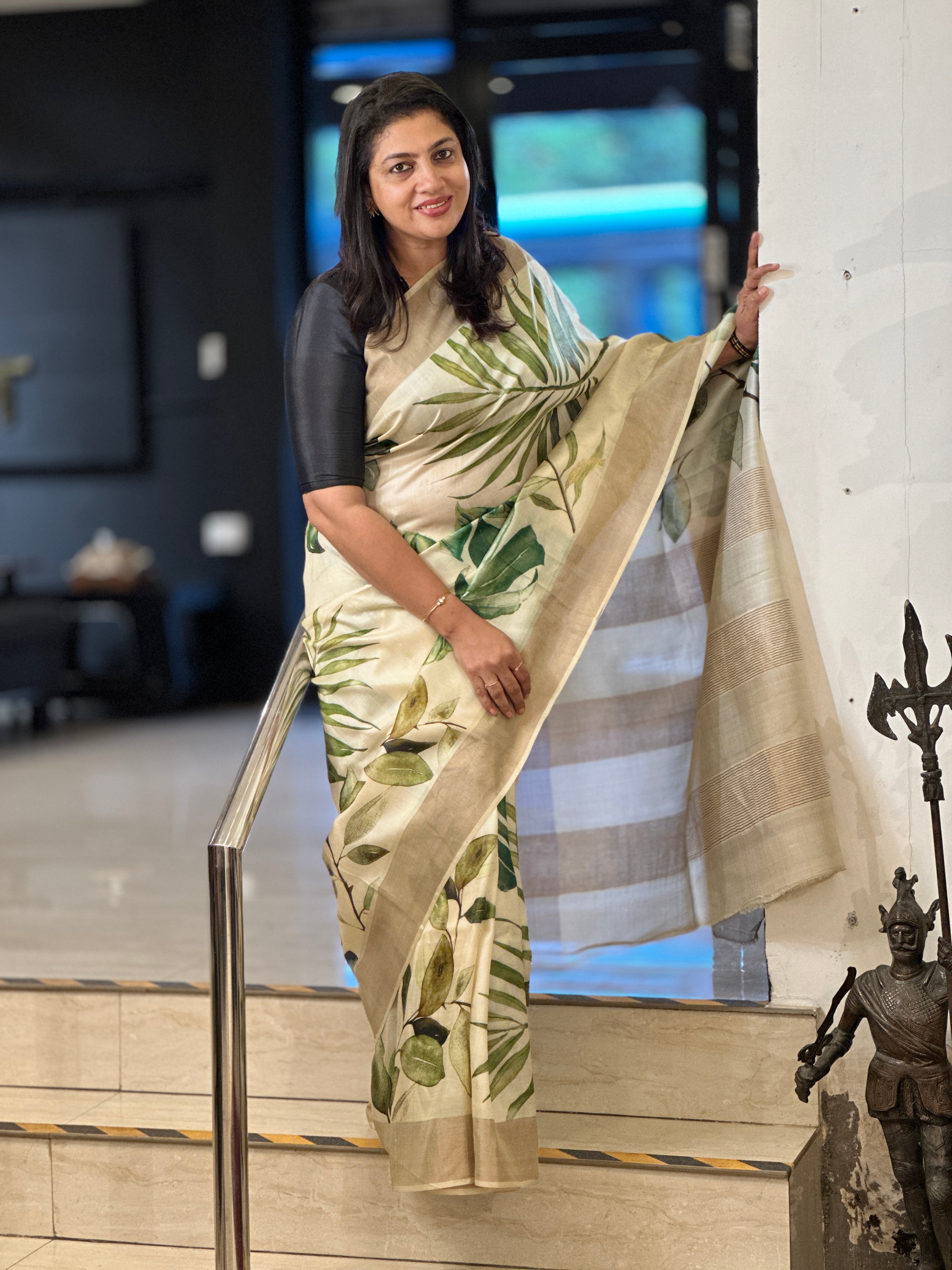 Digital Printed Leaf Patterned Pure Tussar Saree | AYD179