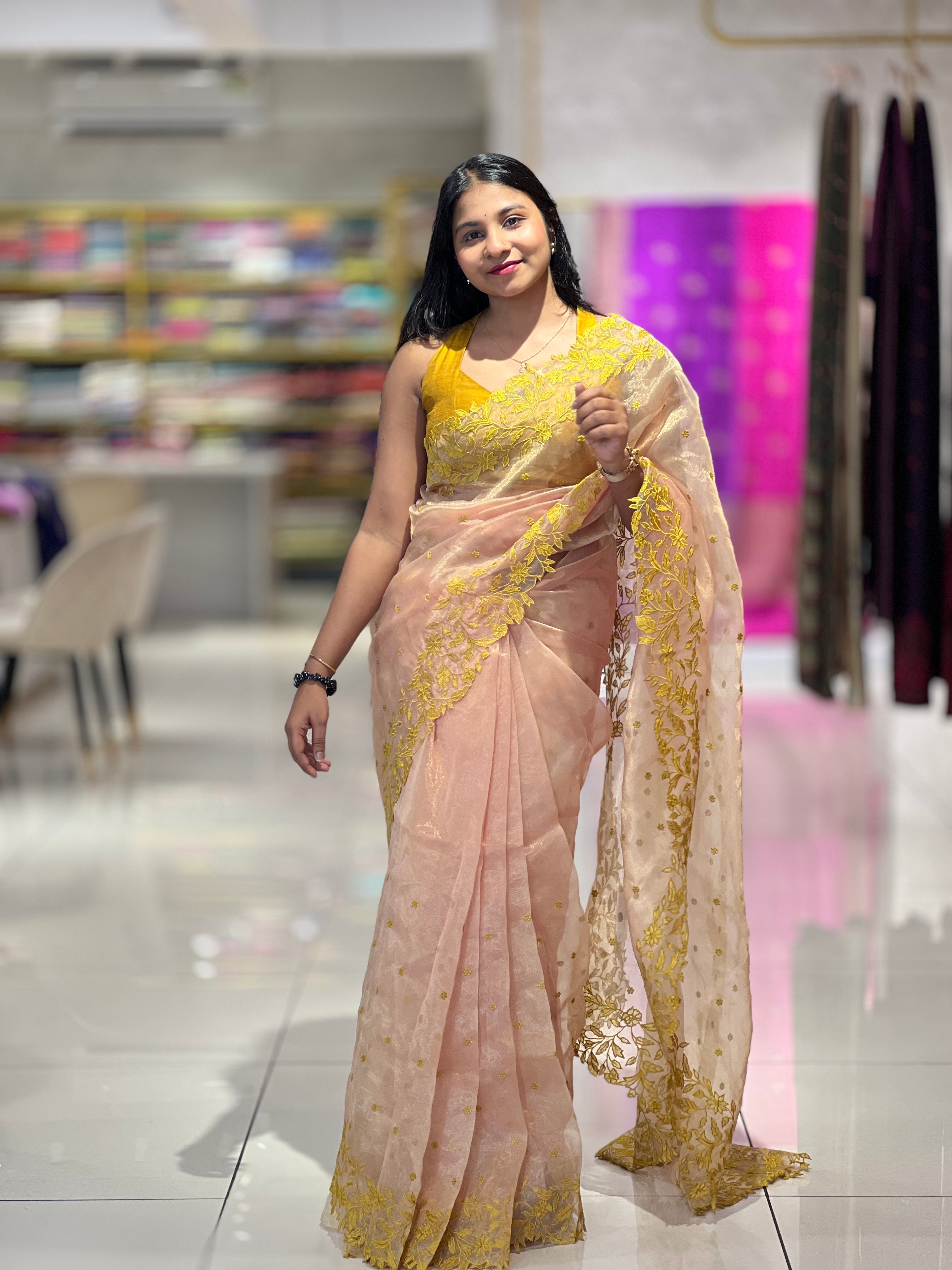 Floral Embroidery Detailed Shimmer Organza Saree | BLD1600