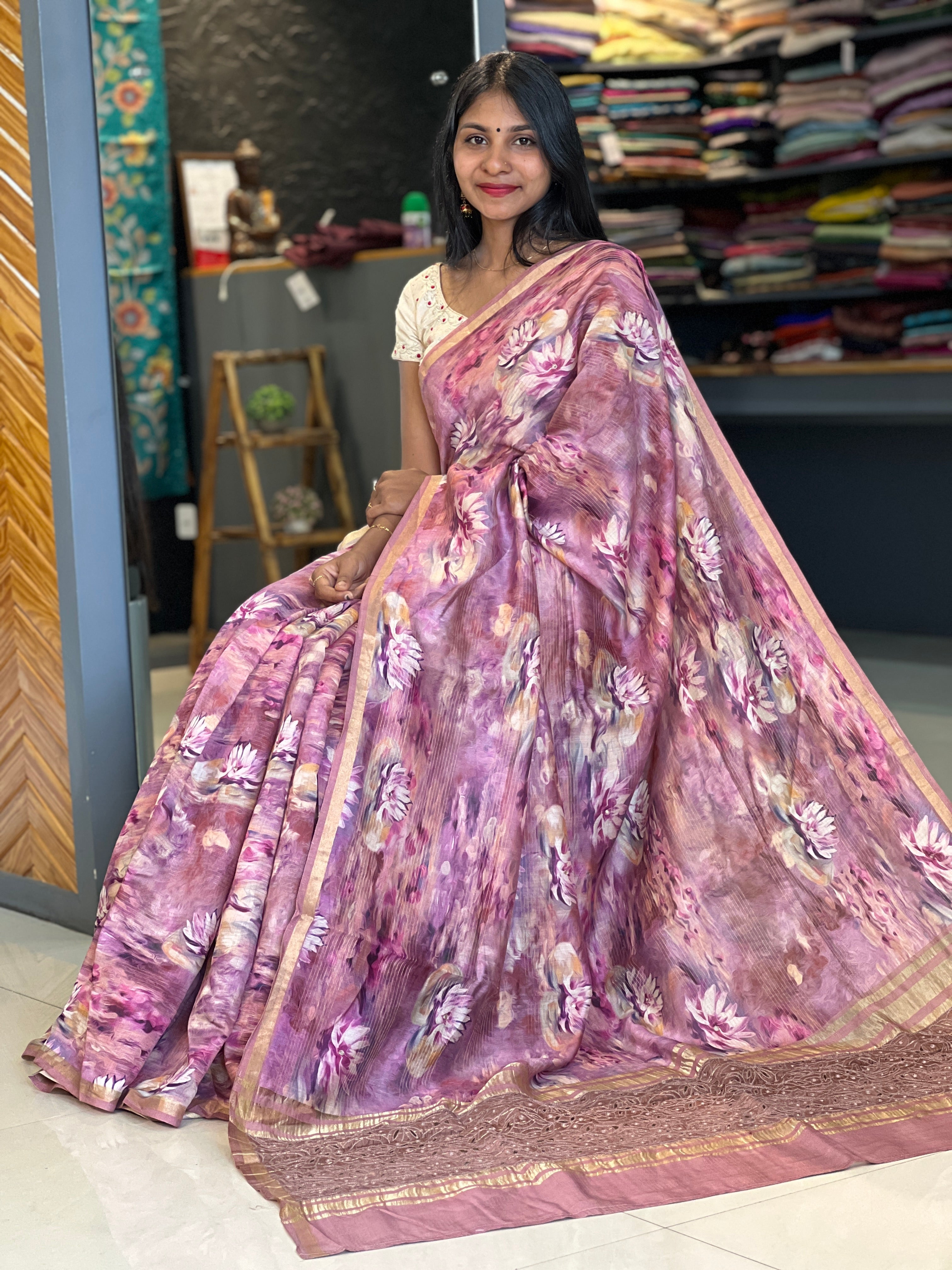 Floral Printed Muga Tussar Saree | RGD215