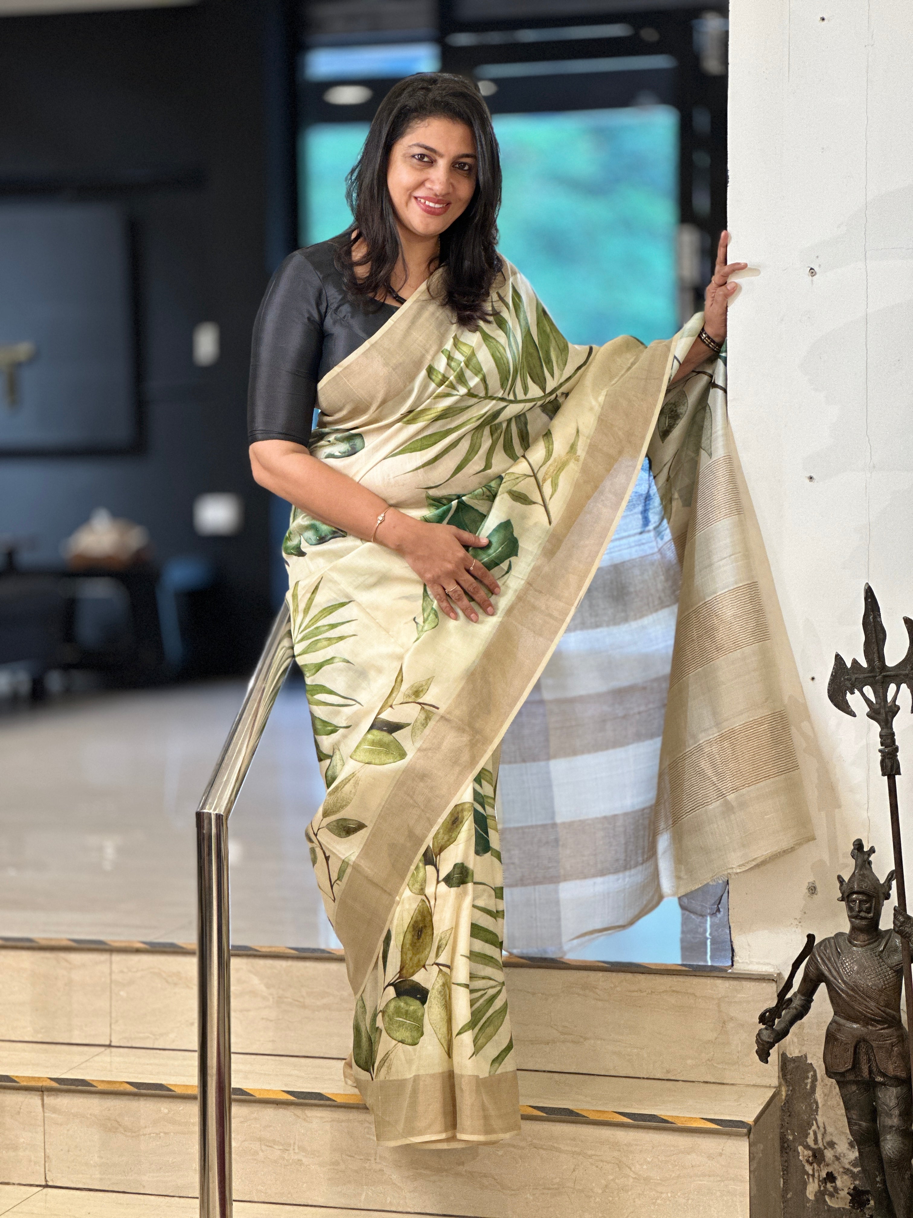Digital Printed Leaf Patterned Pure Tussar Saree | AYD179