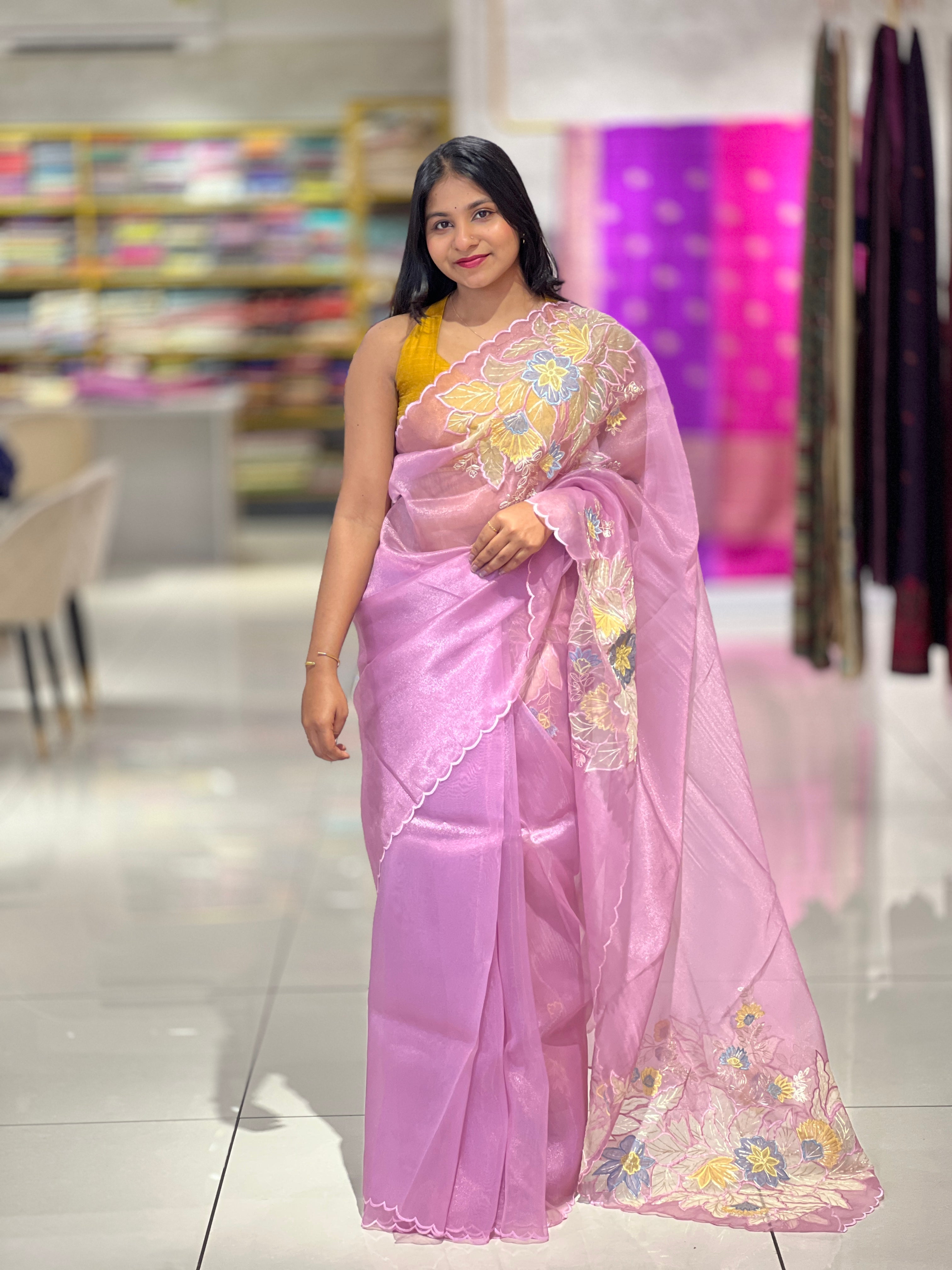 Multi-Colour Floral Applique Detailed Shimmer Organza Saree | BLD1588