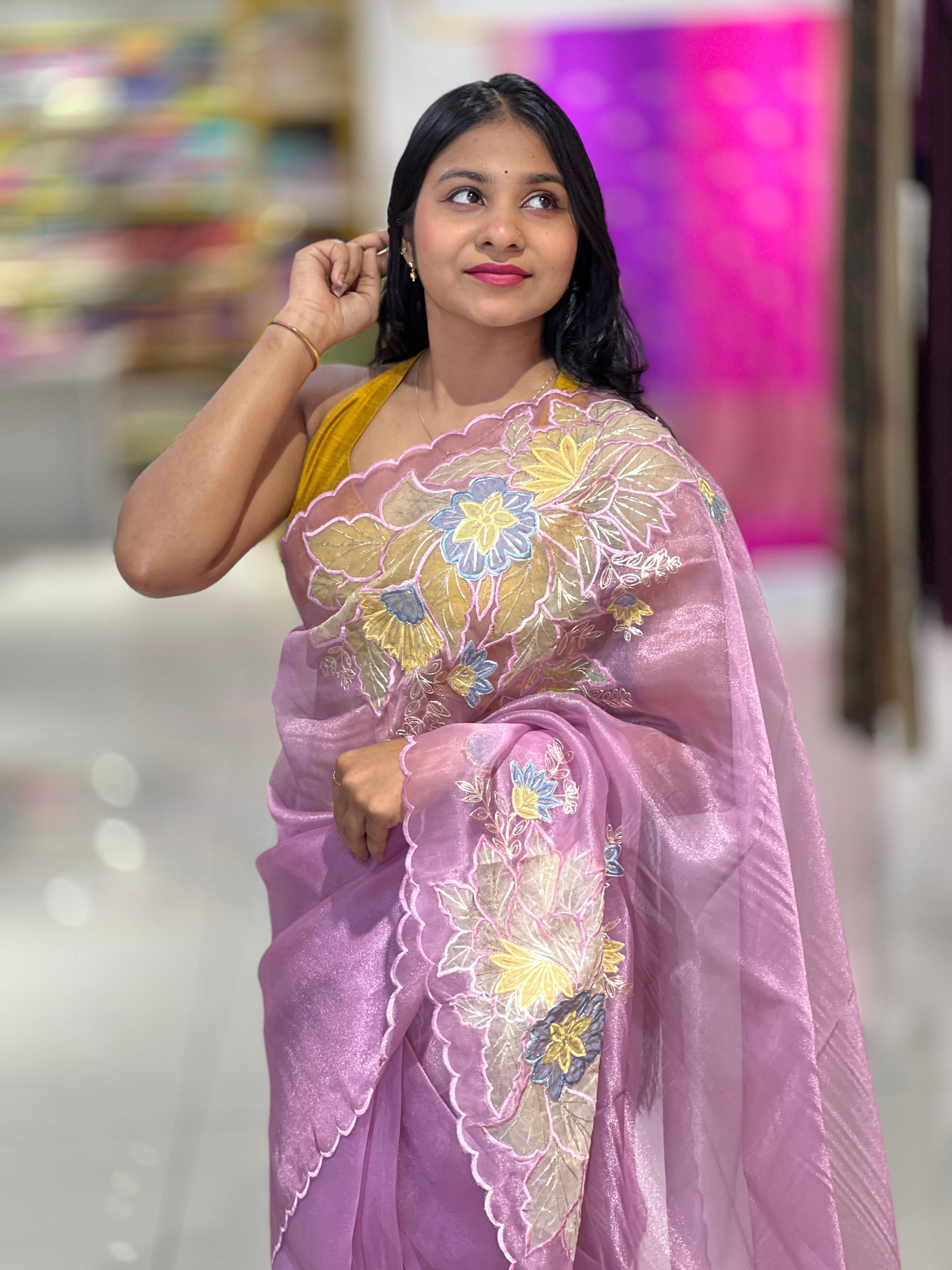 Multi-Colour Floral Applique Detailed Shimmer Organza Saree | BLD1588