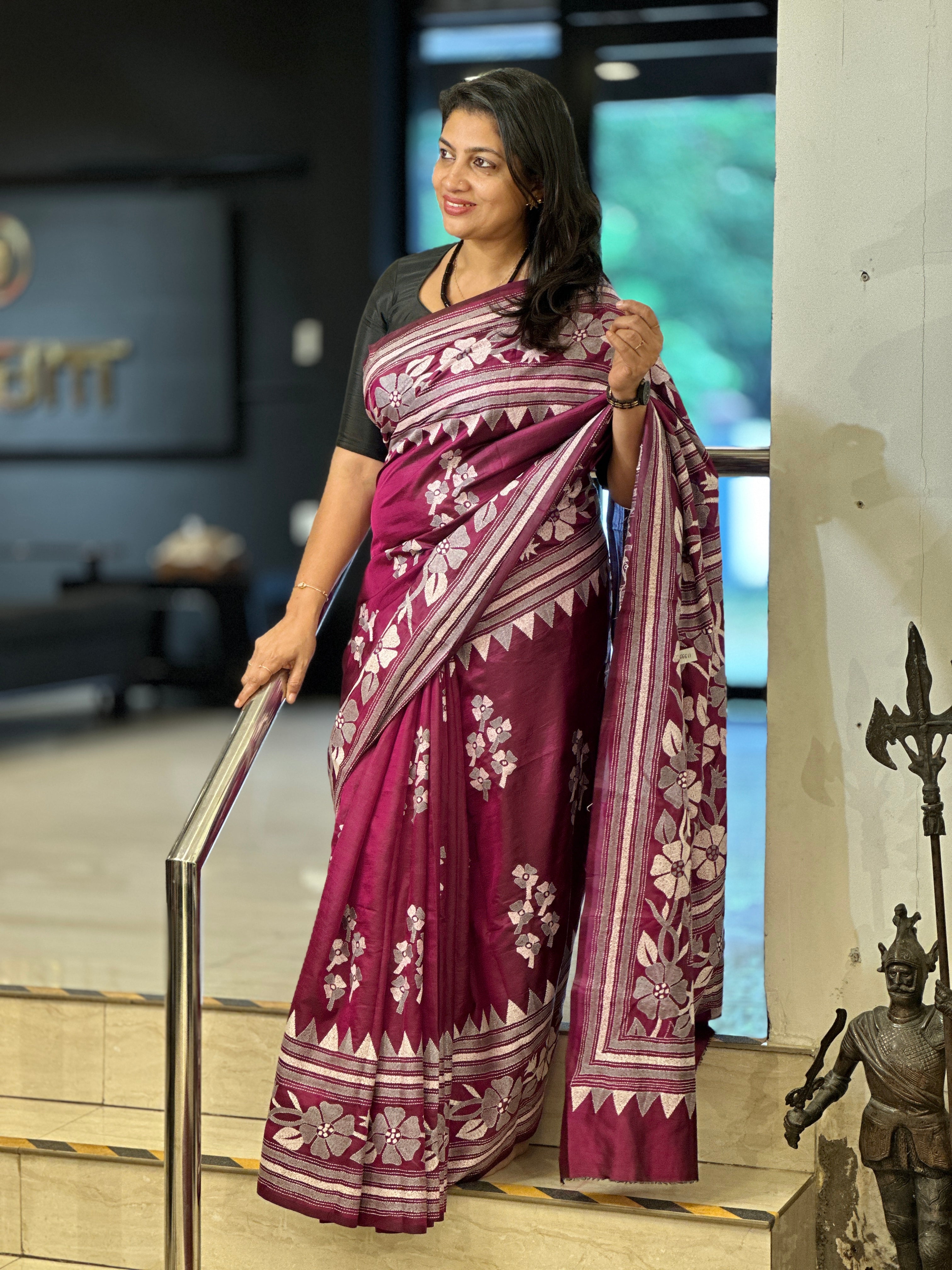 Hand Kantha Embroidery Detailed Bangalore Silk Saree | AYD158