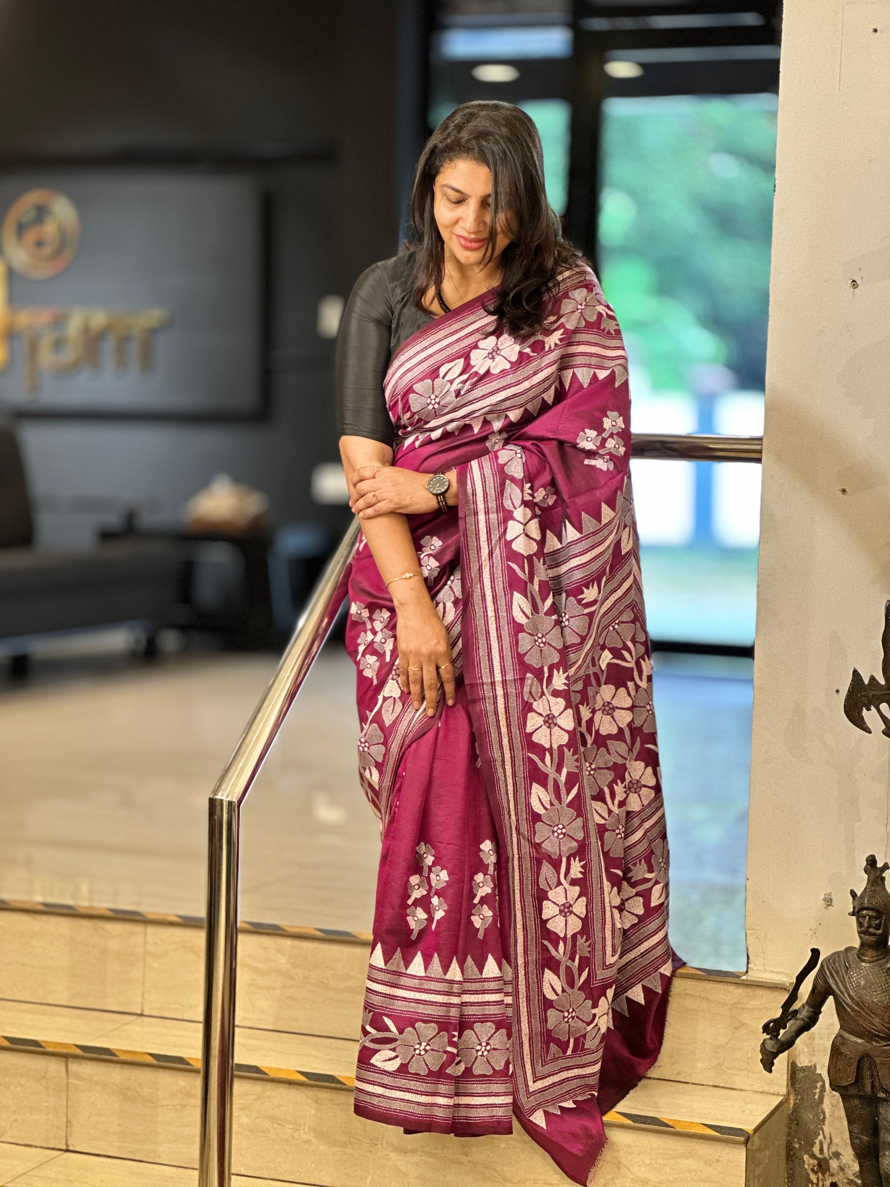 Hand Kantha Embroidery Detailed Bangalore Silk Saree | AYD158