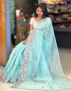 Floral Embroidered Check Organza Saree | SHC104