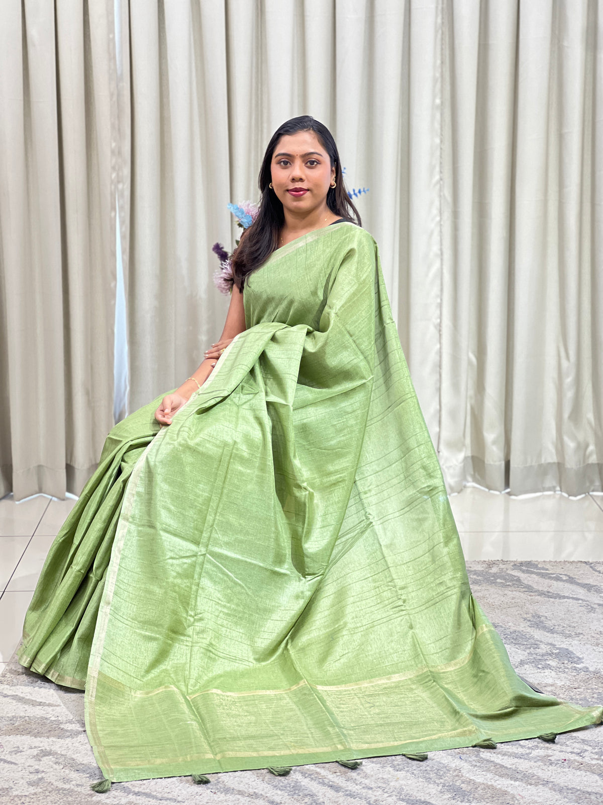 Thin Zari Border Pattern Semi Tussar Saree | ASH111