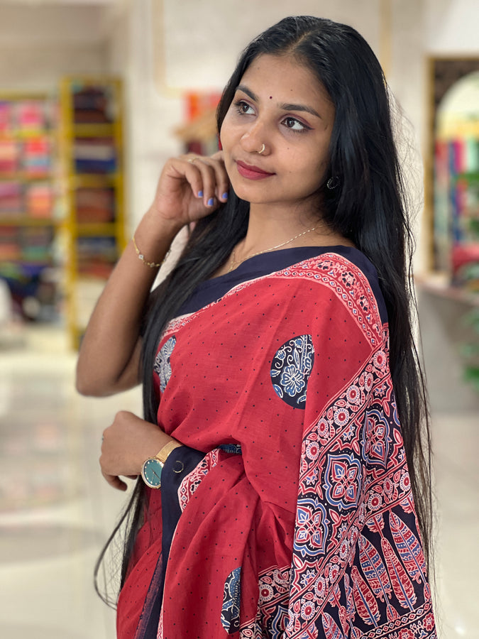 Ajrak Print Patterned Mul Cotton Saree | JKL543