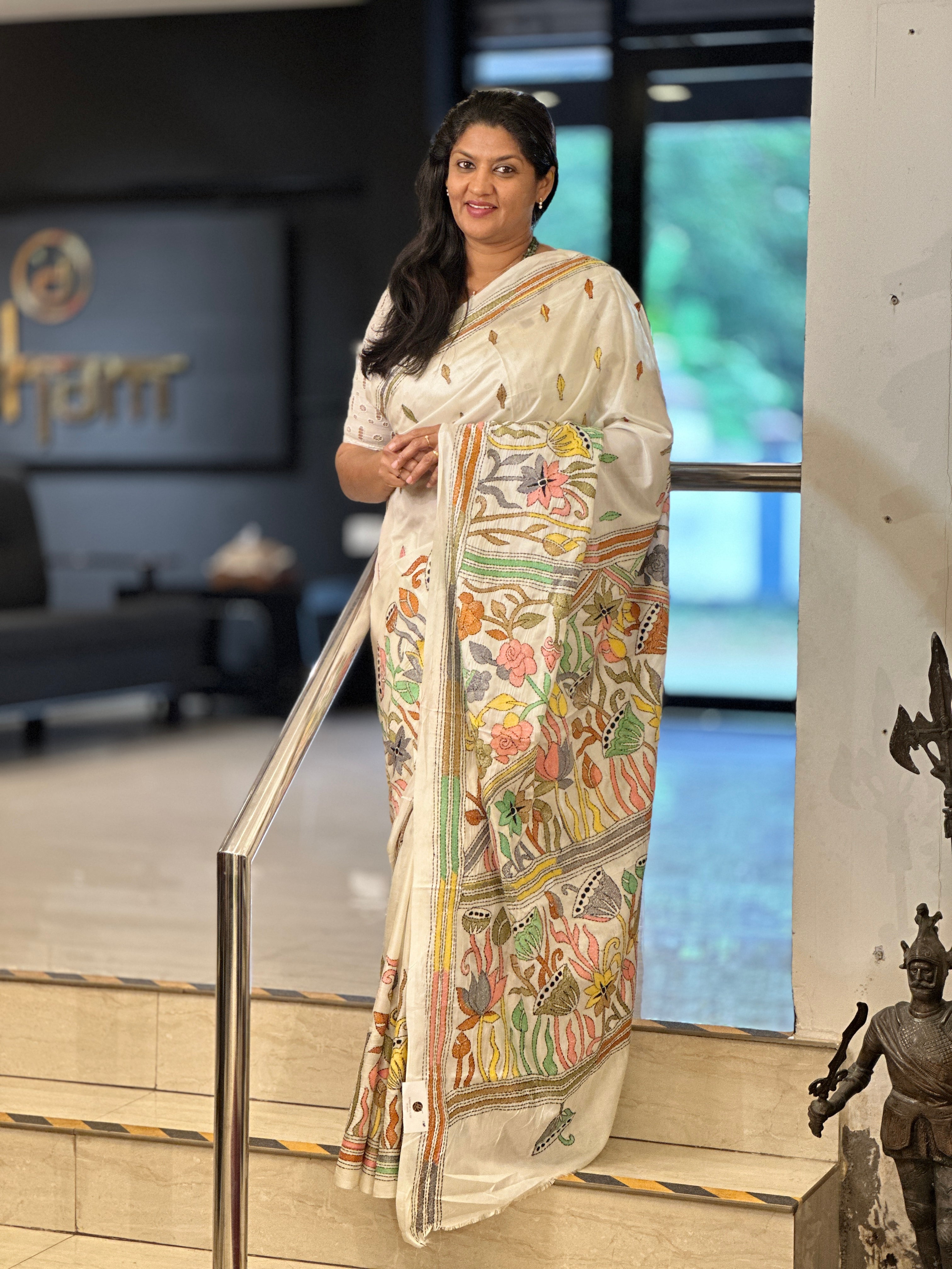 Multi-Color Hand Kantha Embroidered Bangalore Silk Saree | AYD163