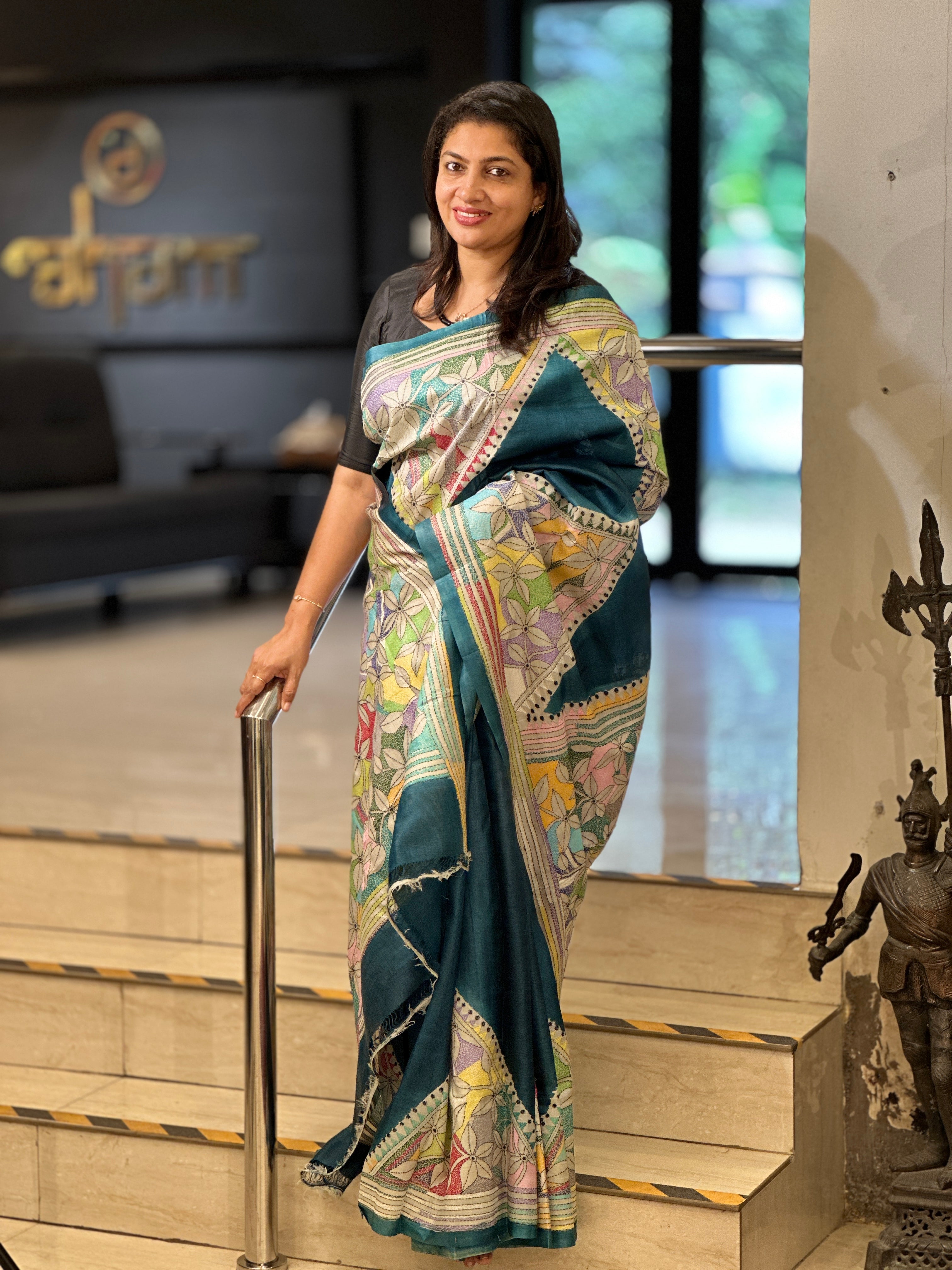 Multi-Color Hand Kantha Embroidered Tussar Silk Saree | AYD160