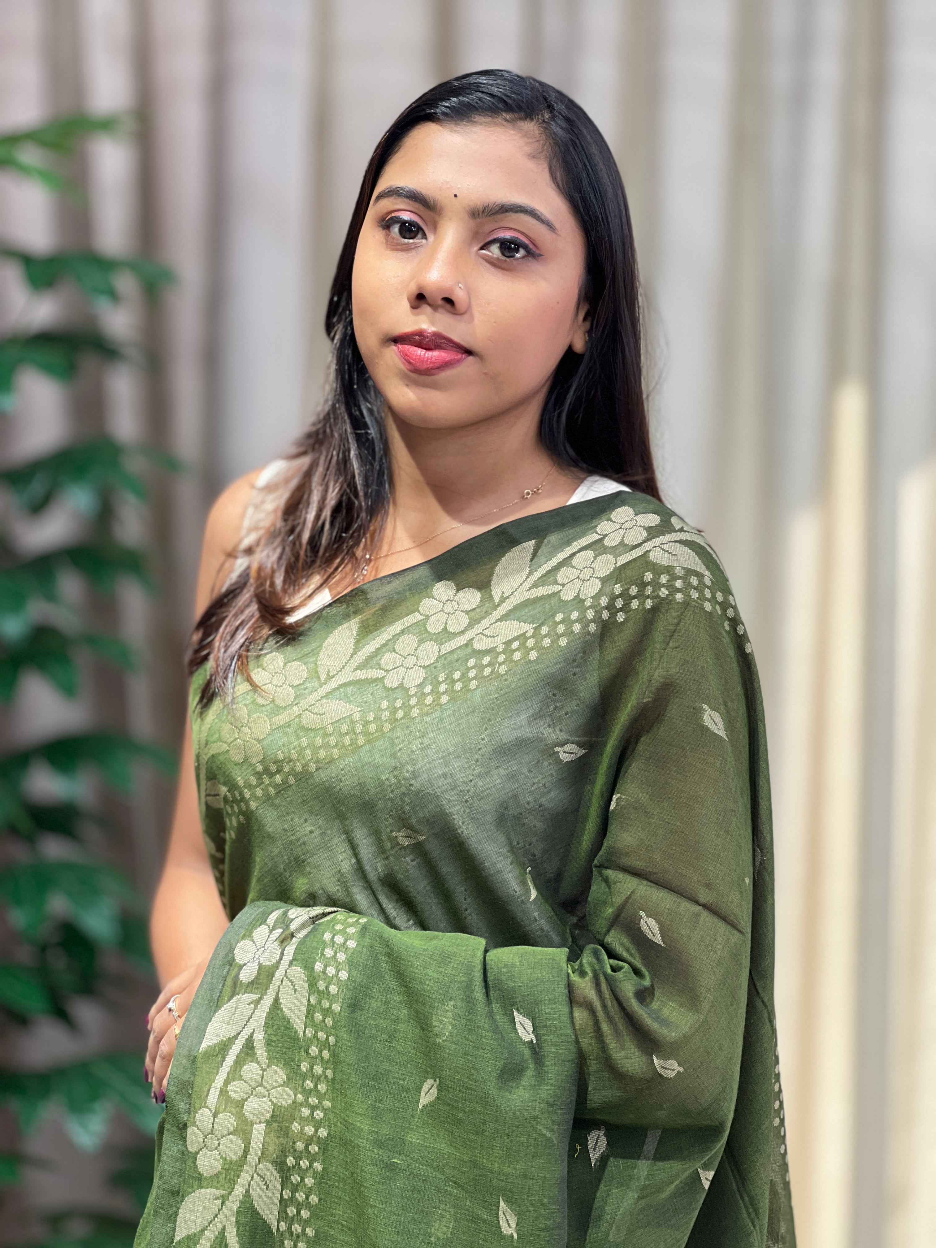 Floral Patterned Thread Weaving Linen Cotton Saree | PF1173