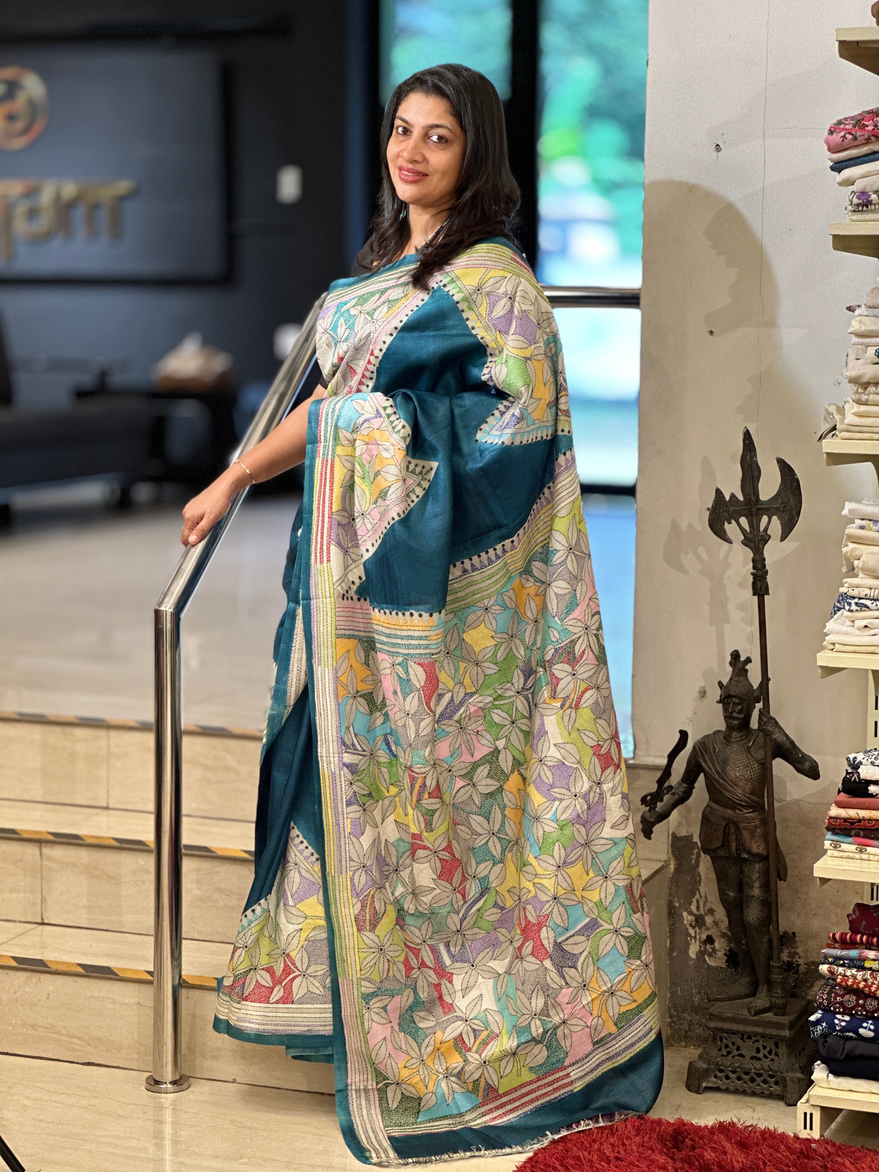 Multi-Color Hand Kantha Embroidered Tussar Silk Saree | AYD160