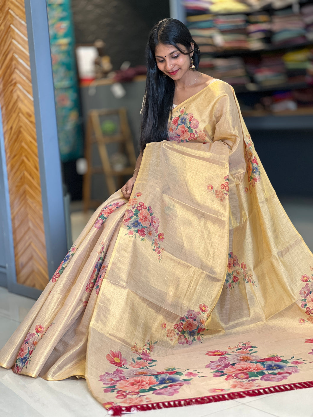 Floral Design Golden Tissue Saree | GAT221