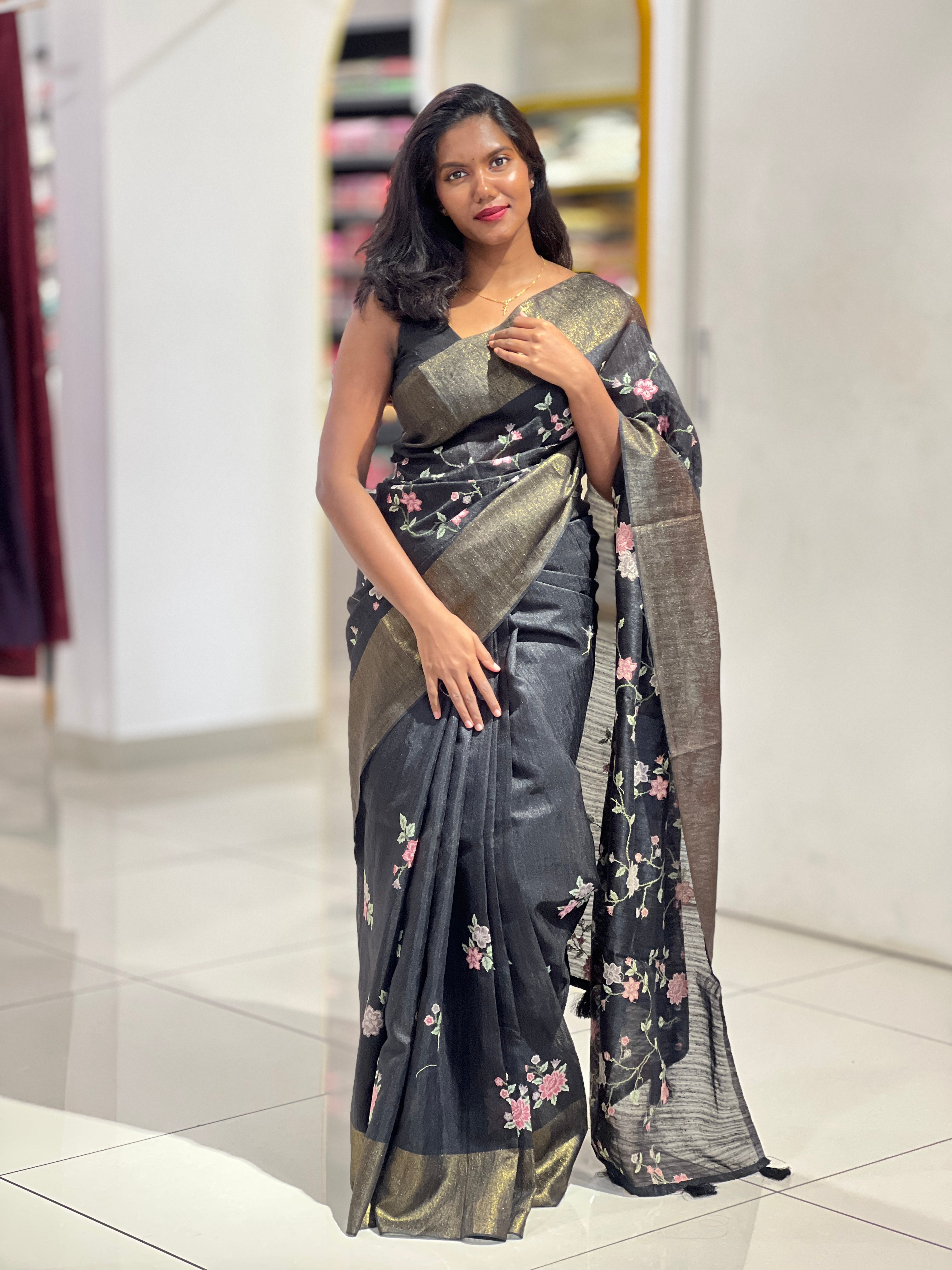 Floral Cross Stitch Machine Embroidery Detailed Green Silk Saree | BLD1644