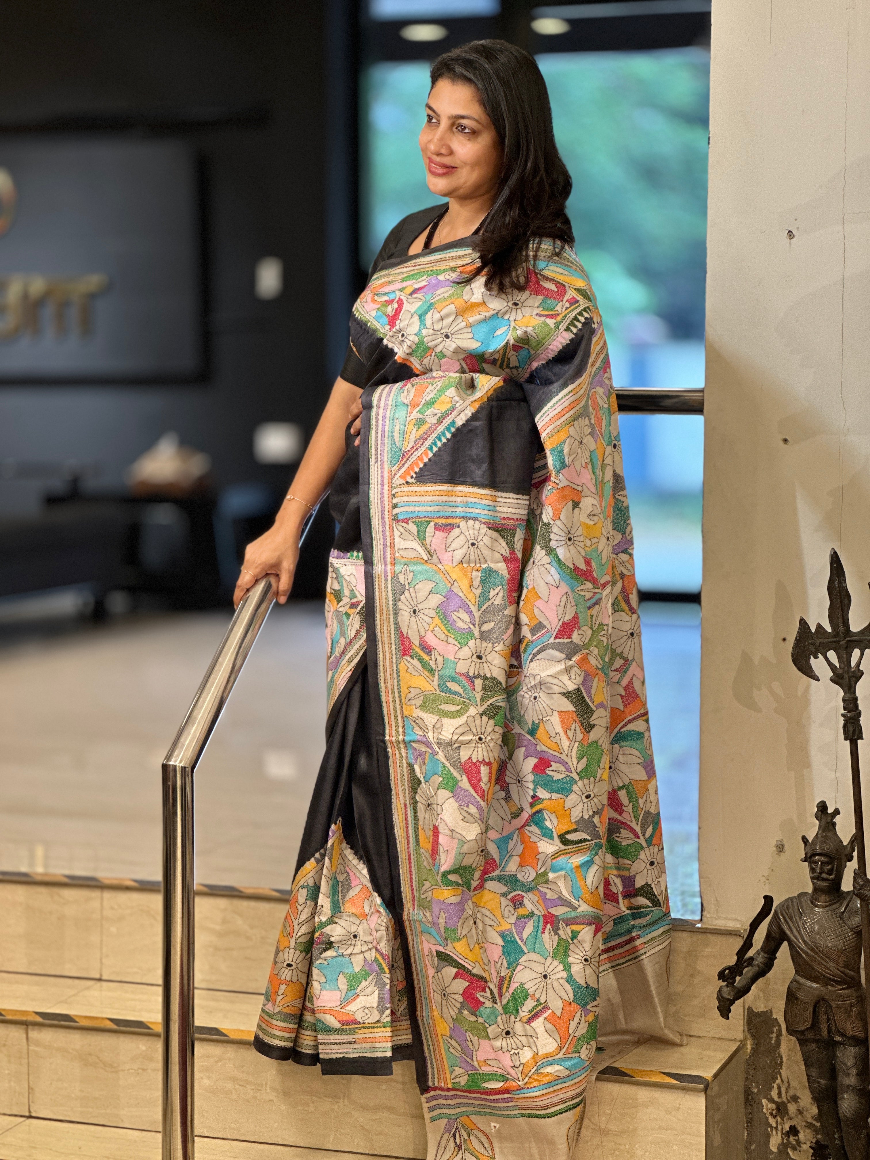 Multi-Color Hand Kantha Embroidered Tussar Silk Saree | AYD159