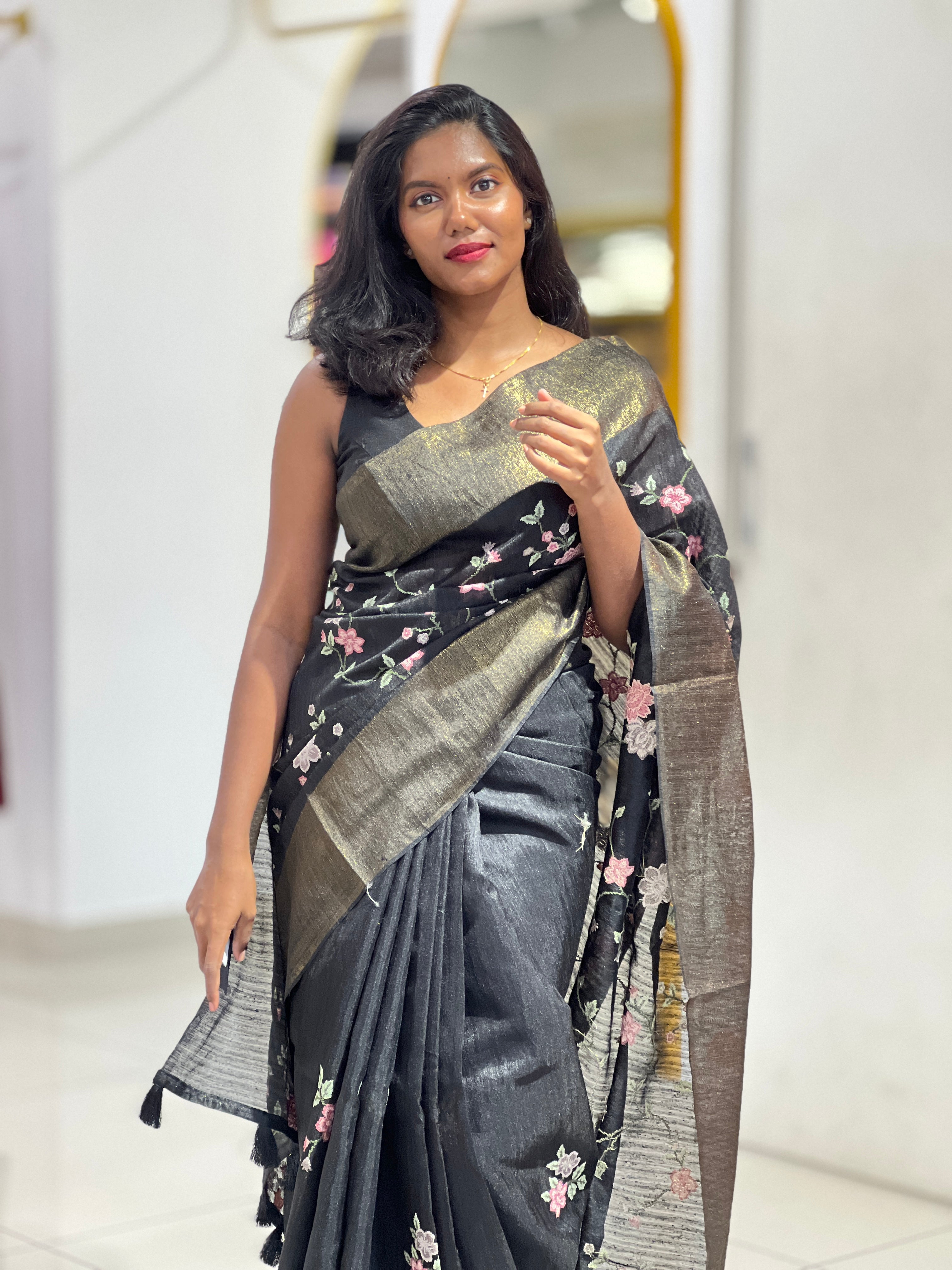 Floral Cross Stitch Machine Embroidery Detailed Green Silk Saree | BLD1644