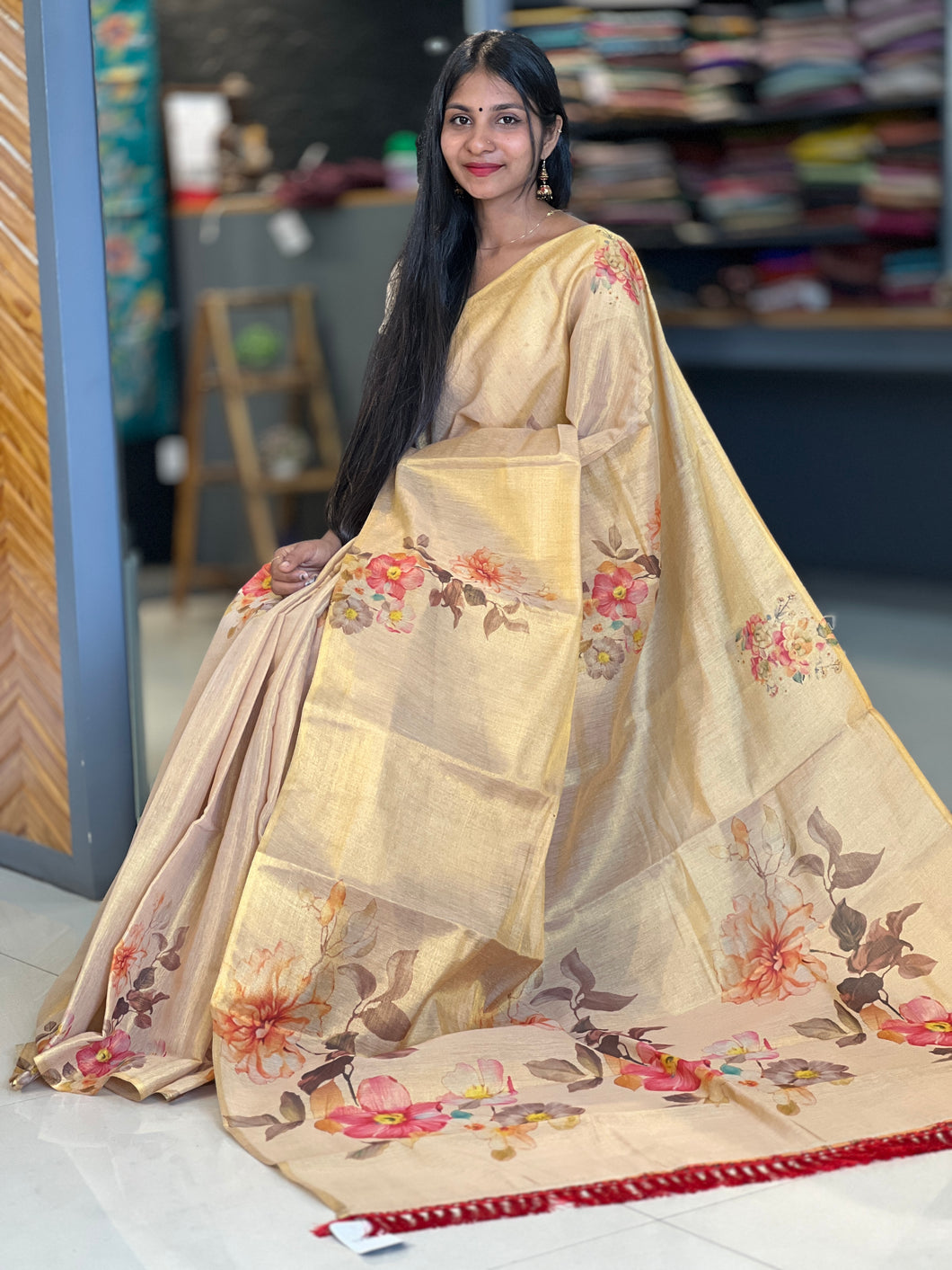 Floral Design Golden Tissue Saree | GAT223