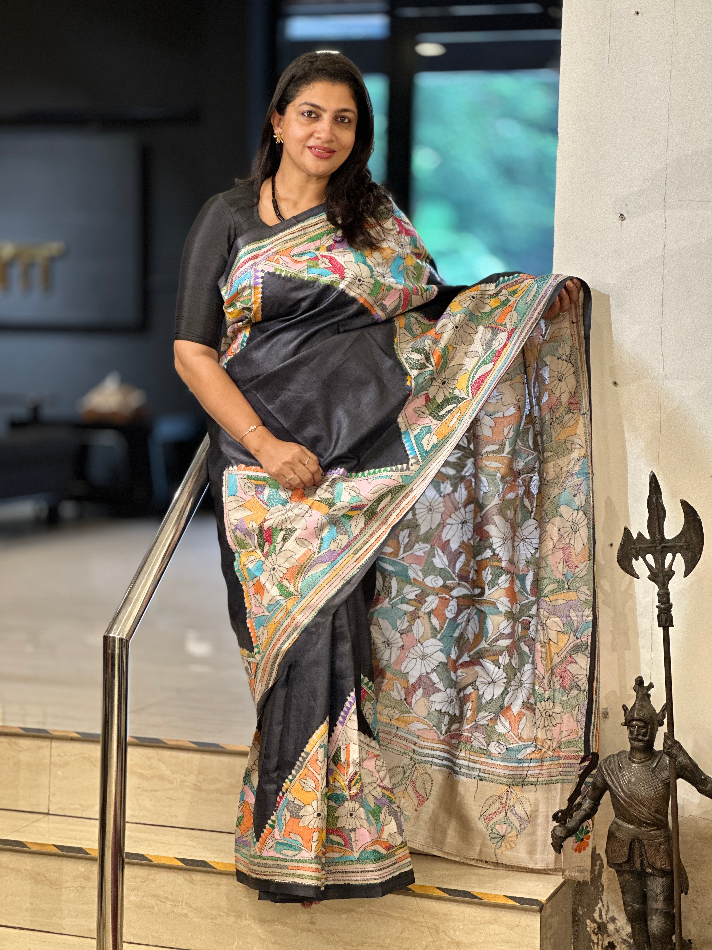 Multi-Color Hand Kantha Embroidered Tussar Silk Saree | AYD159