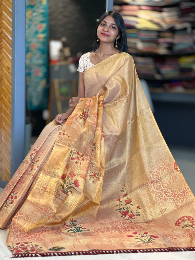 Floral Design Golden Tissue Saree | GAT213