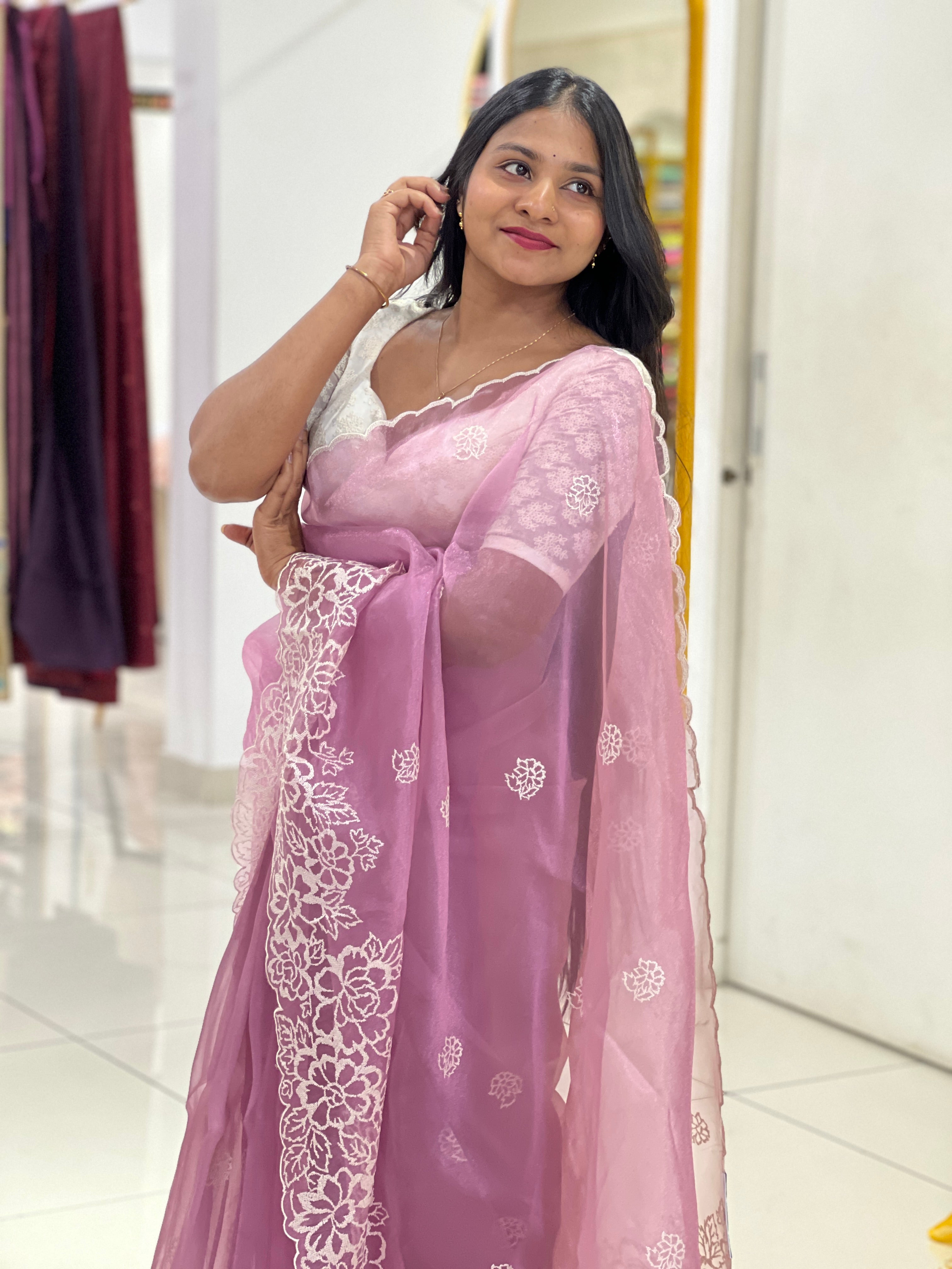 Floral Embroidery Detailed Shimmer Organza Saree | BLD1616