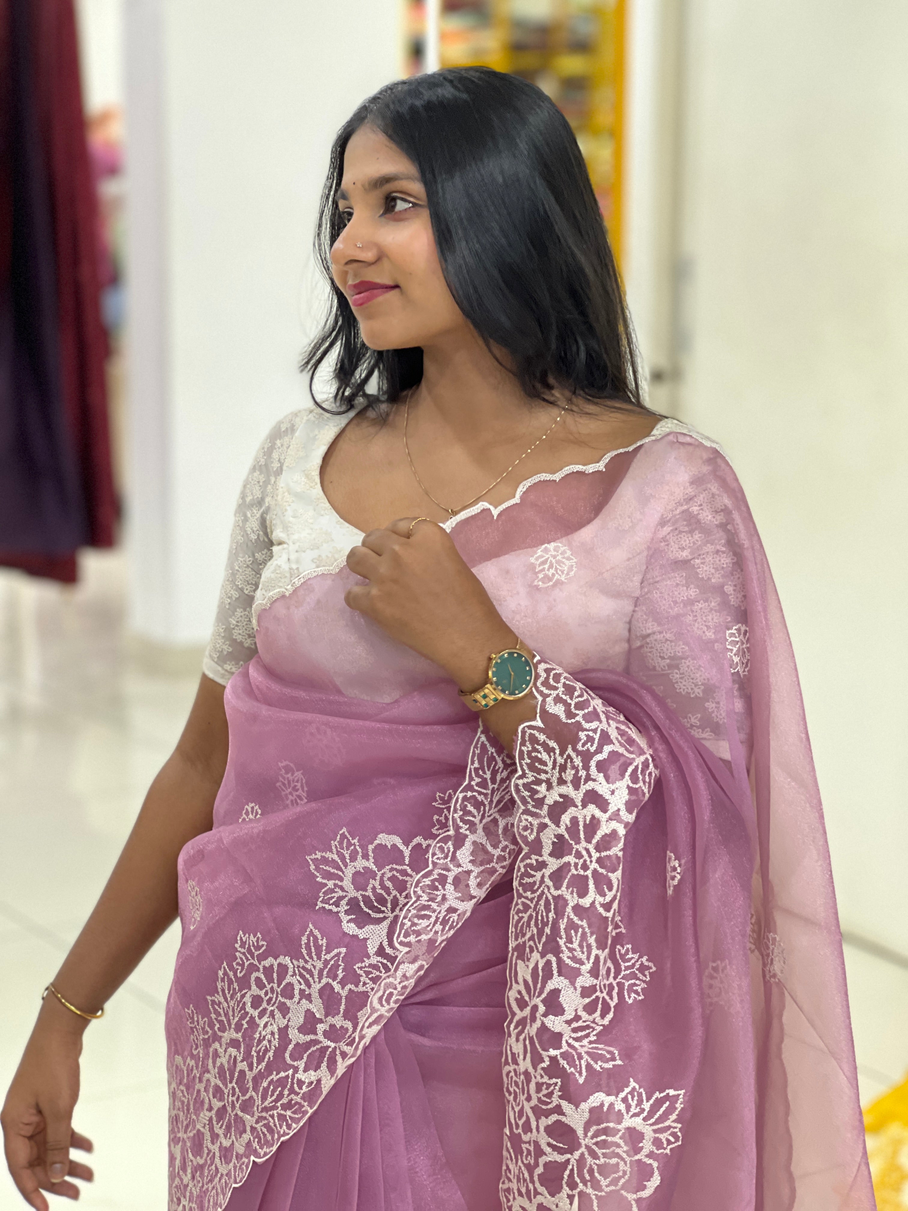 Floral Embroidery Detailed Shimmer Organza Saree | BLD1616
