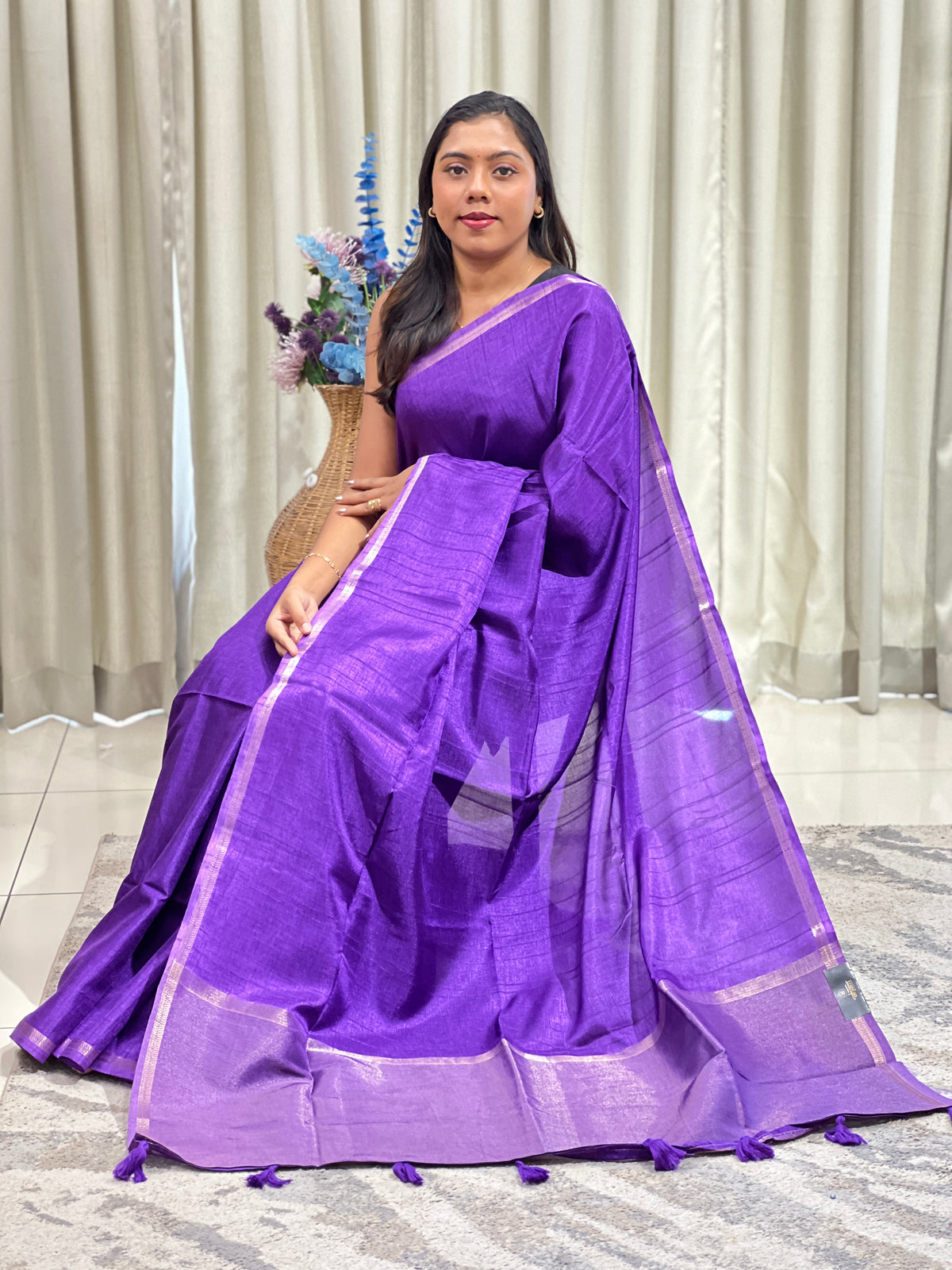 Thin Zari Border Pattern Semi Tussar Saree | ASH116