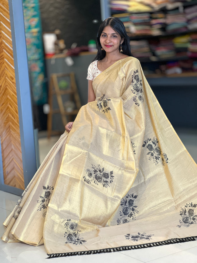 Floral Design Golden Tissue Saree | GAT217