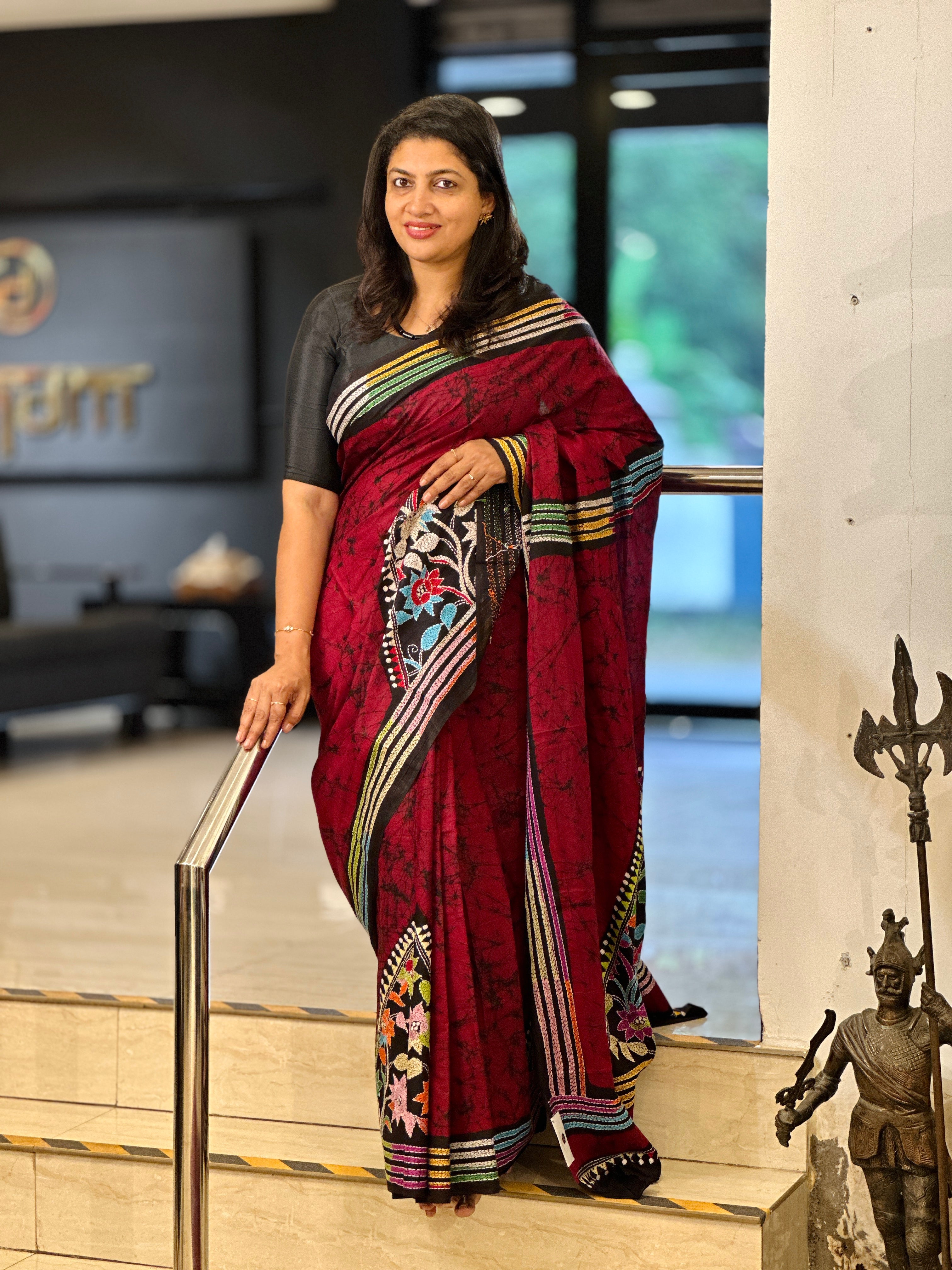 Batik & Kantha Embroidery Detailed Cotton Saree | AYD195