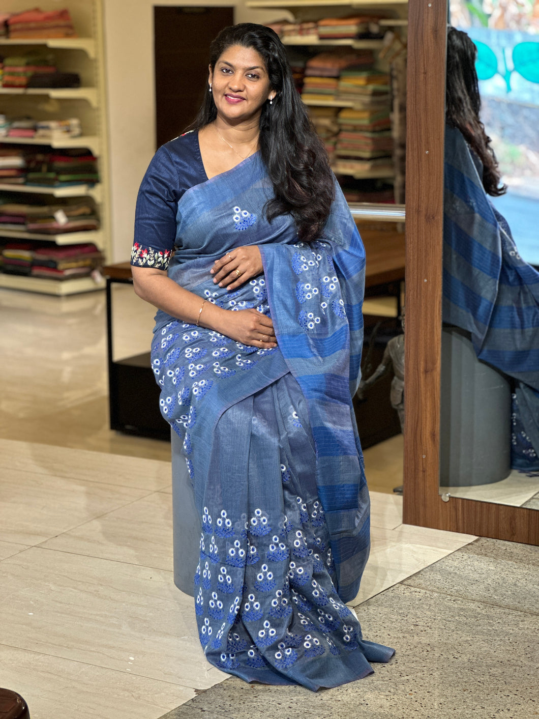 Embroidered Bhagalpuri Linen Saree | NHH365