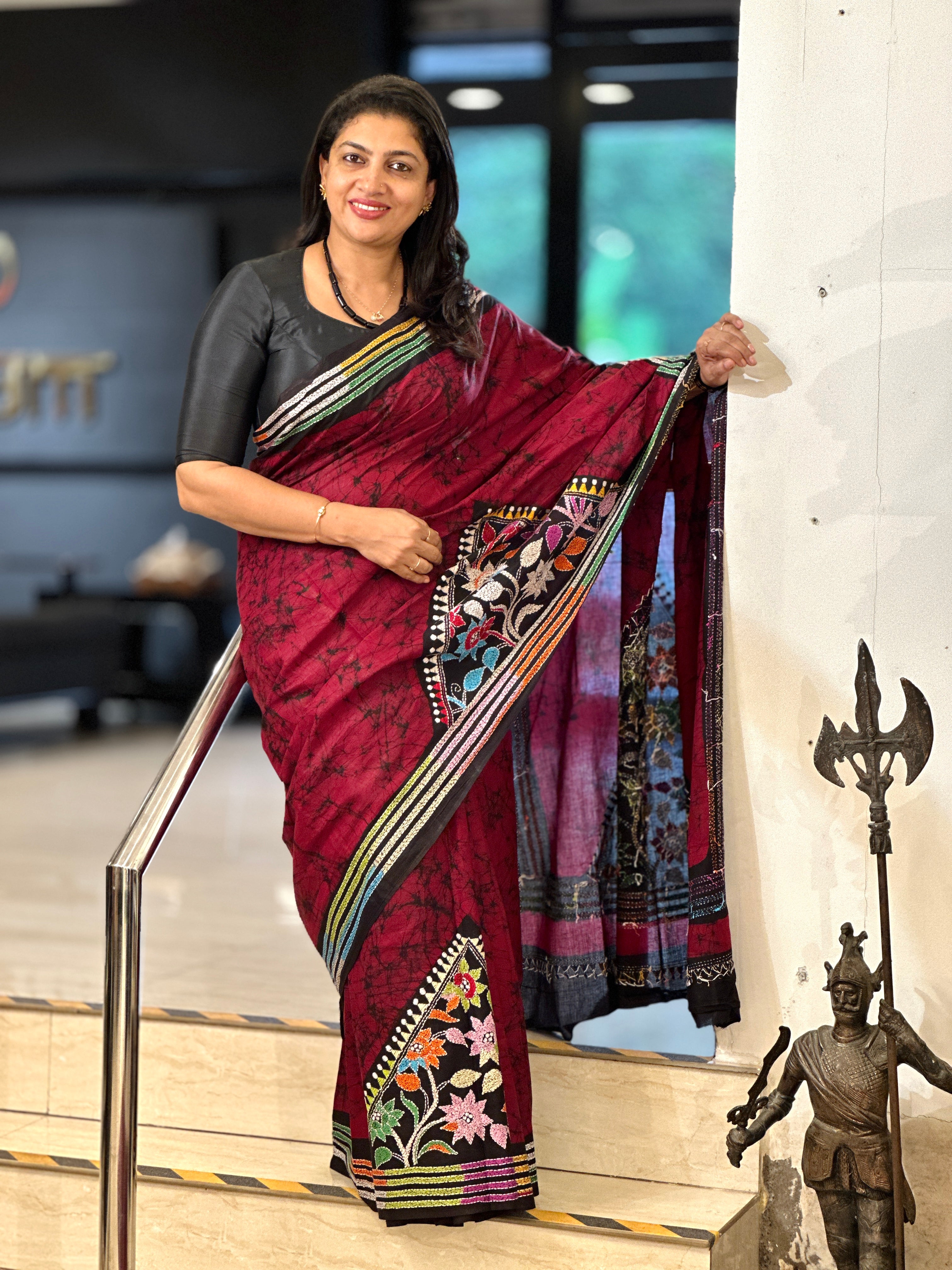 Batik & Kantha Embroidery Detailed Cotton Saree | AYD195