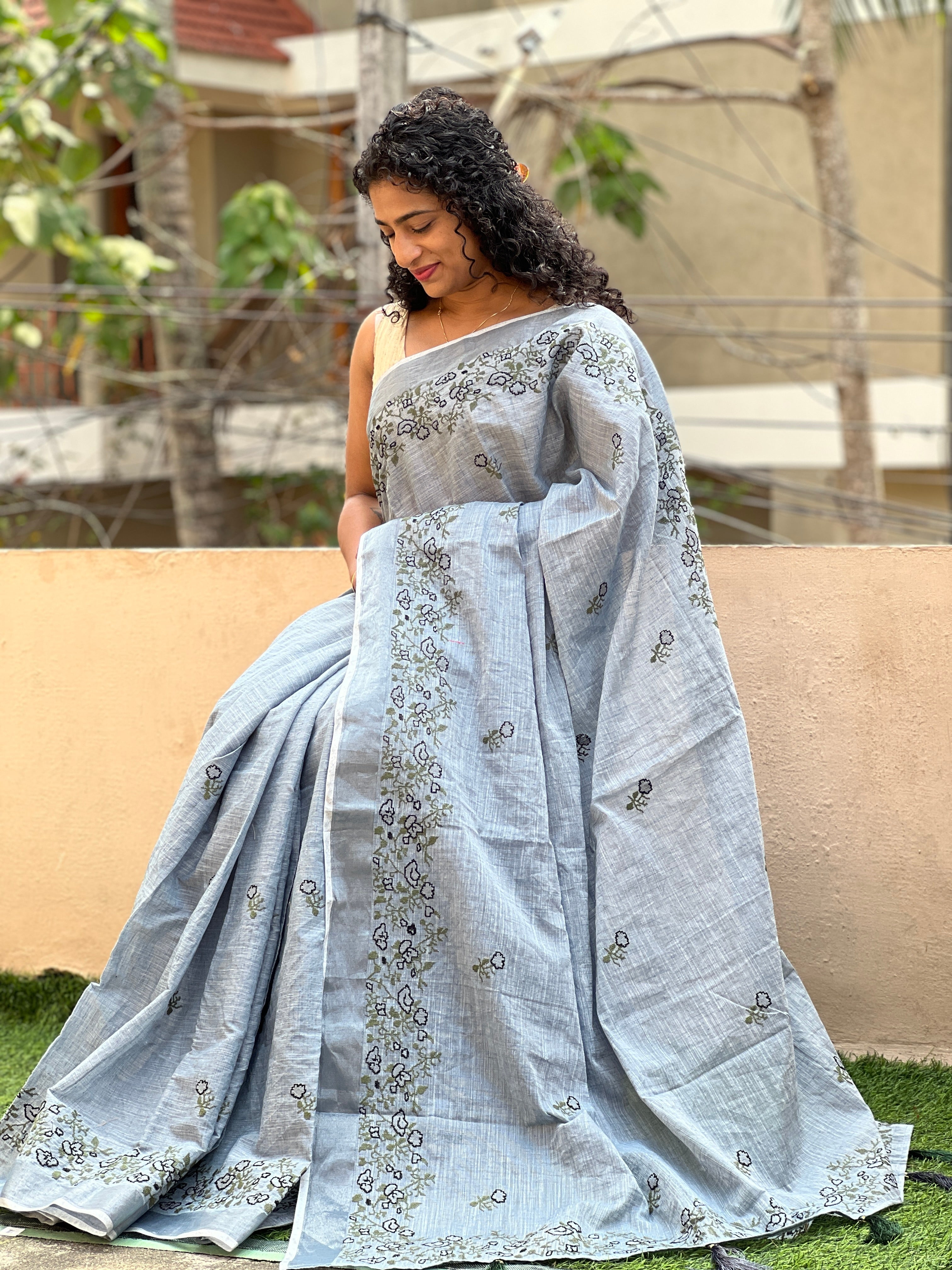 Floral Embroidery Linen Finish Saree | RP430