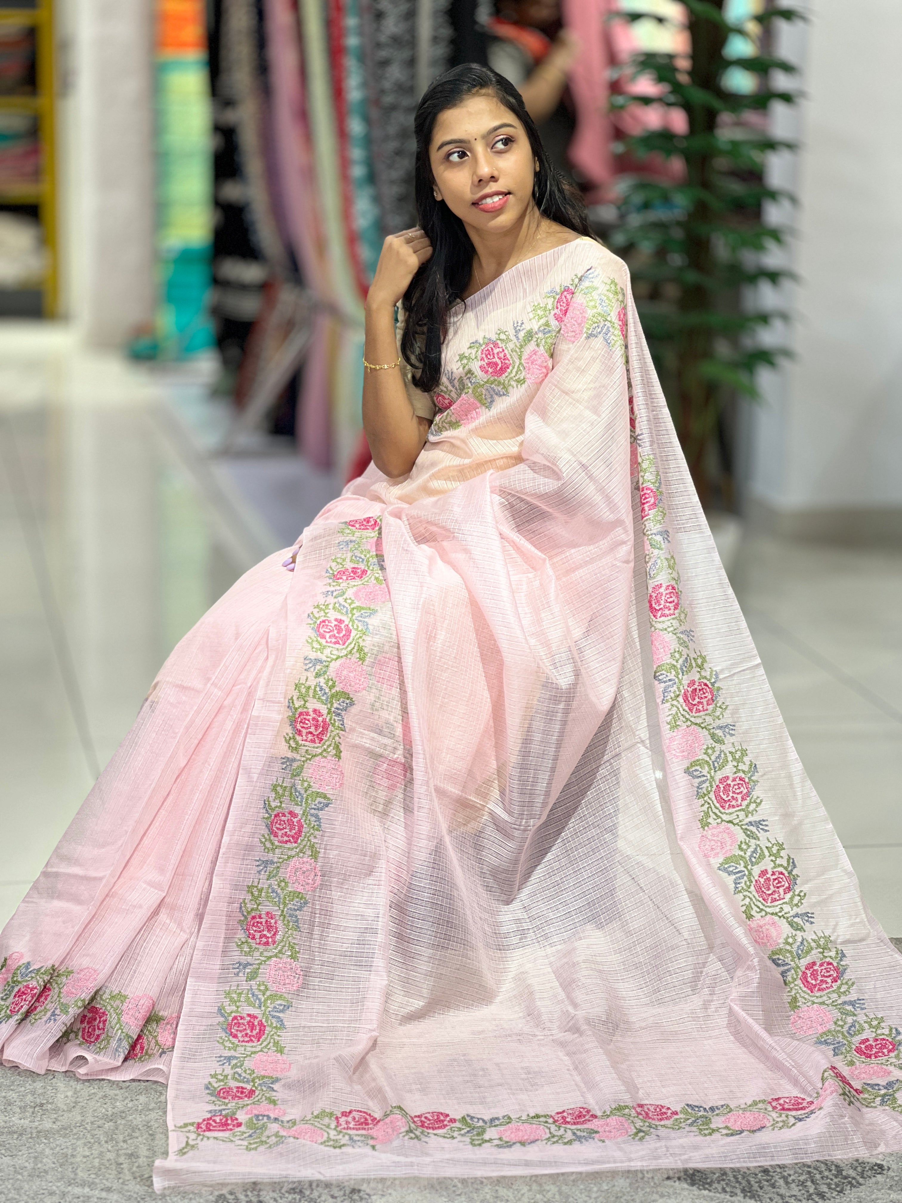 Floral Cross Stitch Embroidered Silky Kota Saree | NHH462