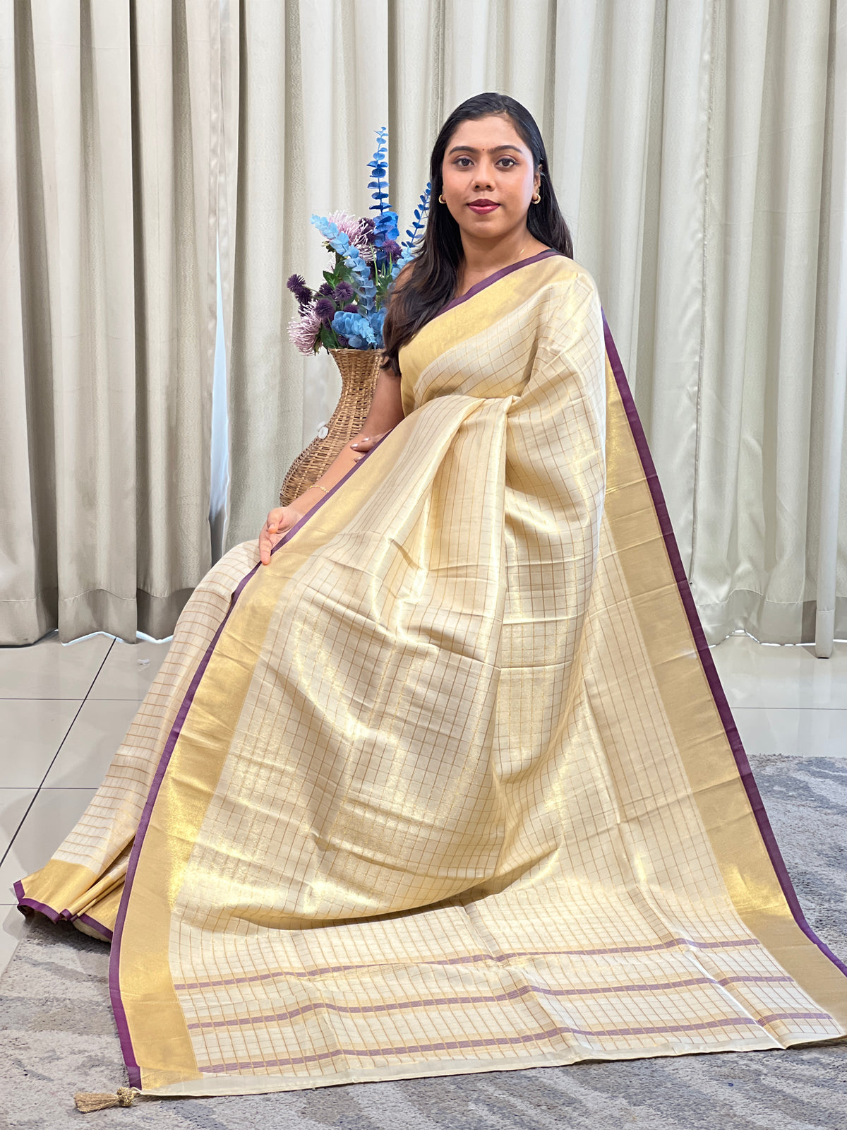 Check Woven Pattern Tissue Saree | HT525