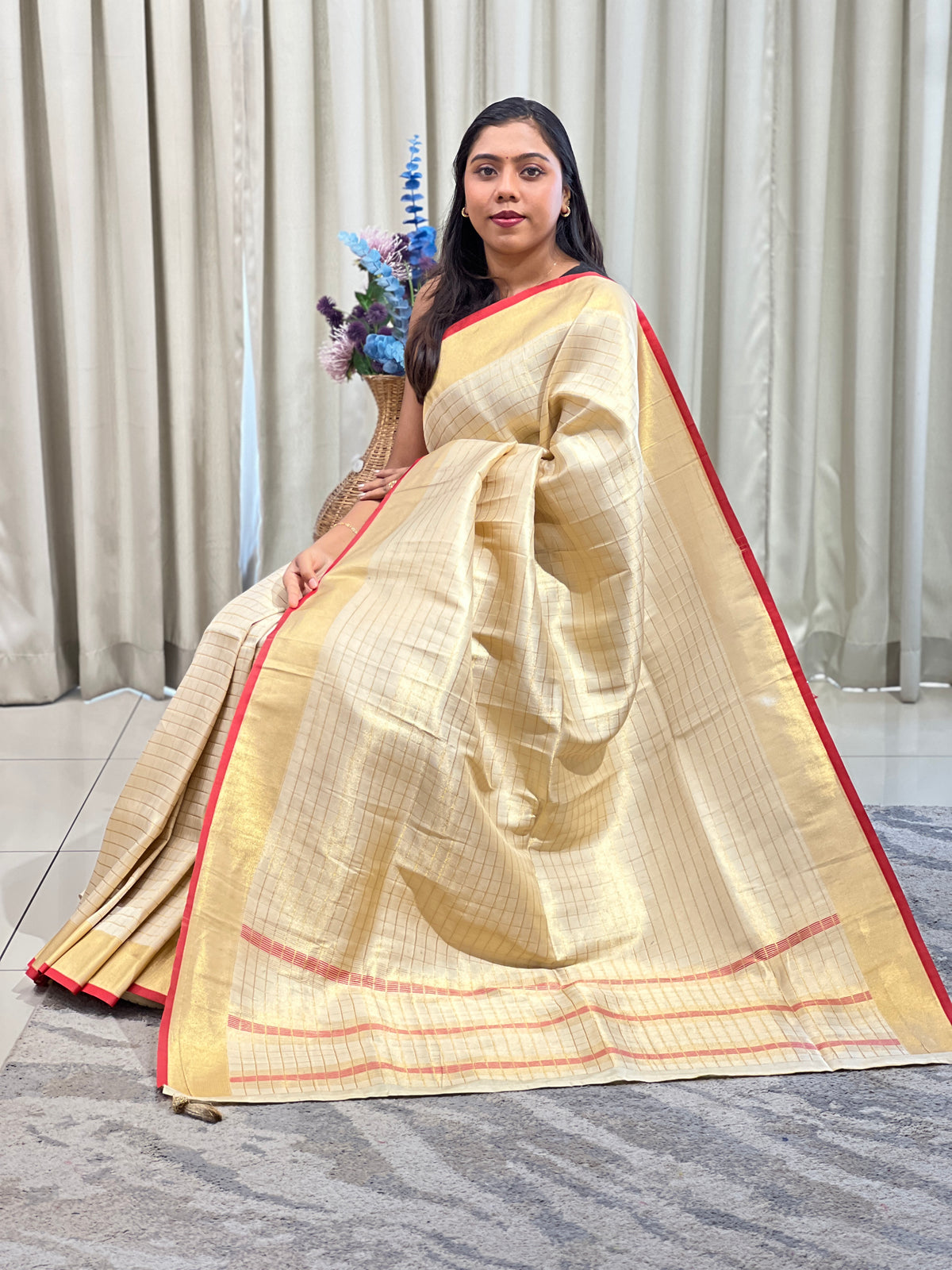 Check Woven Pattern Tissue Saree | HT522