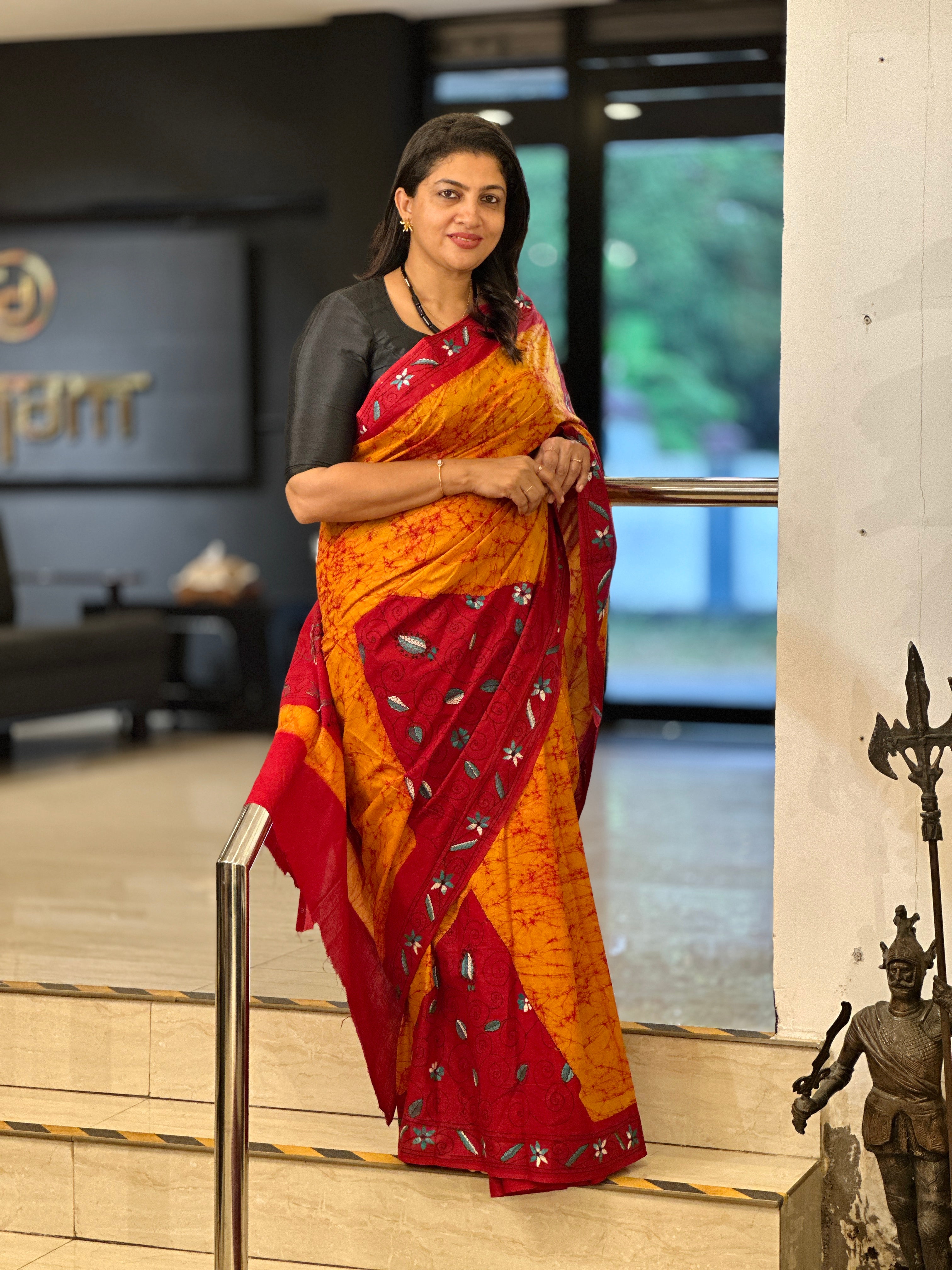 Tie & Dye With Kantha Embroidery Detailed Cotton Saree | AYD197