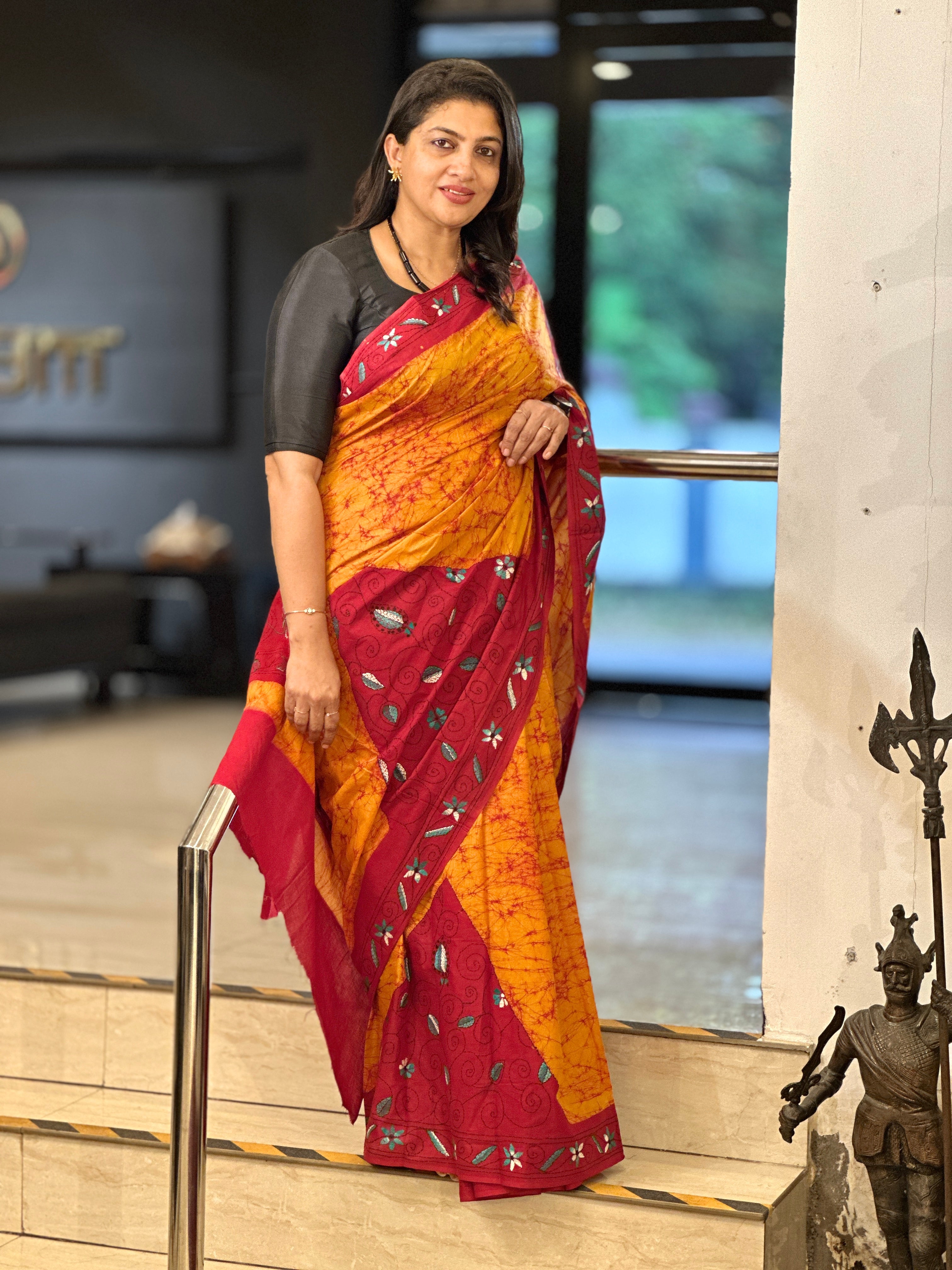 Tie & Dye With Kantha Embroidery Detailed Cotton Saree | AYD197