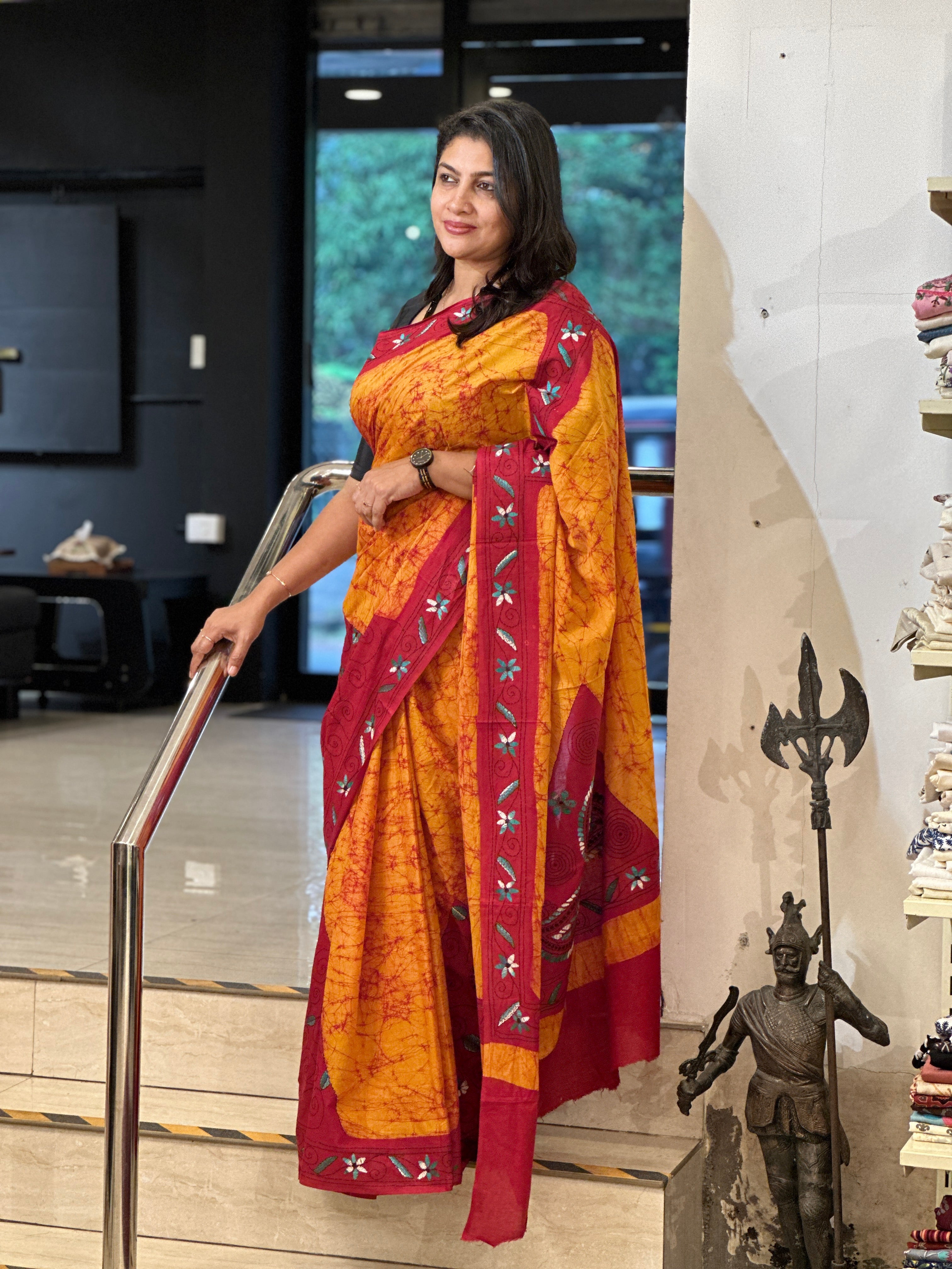 Tie & Dye With Kantha Embroidery Detailed Cotton Saree | AYD197