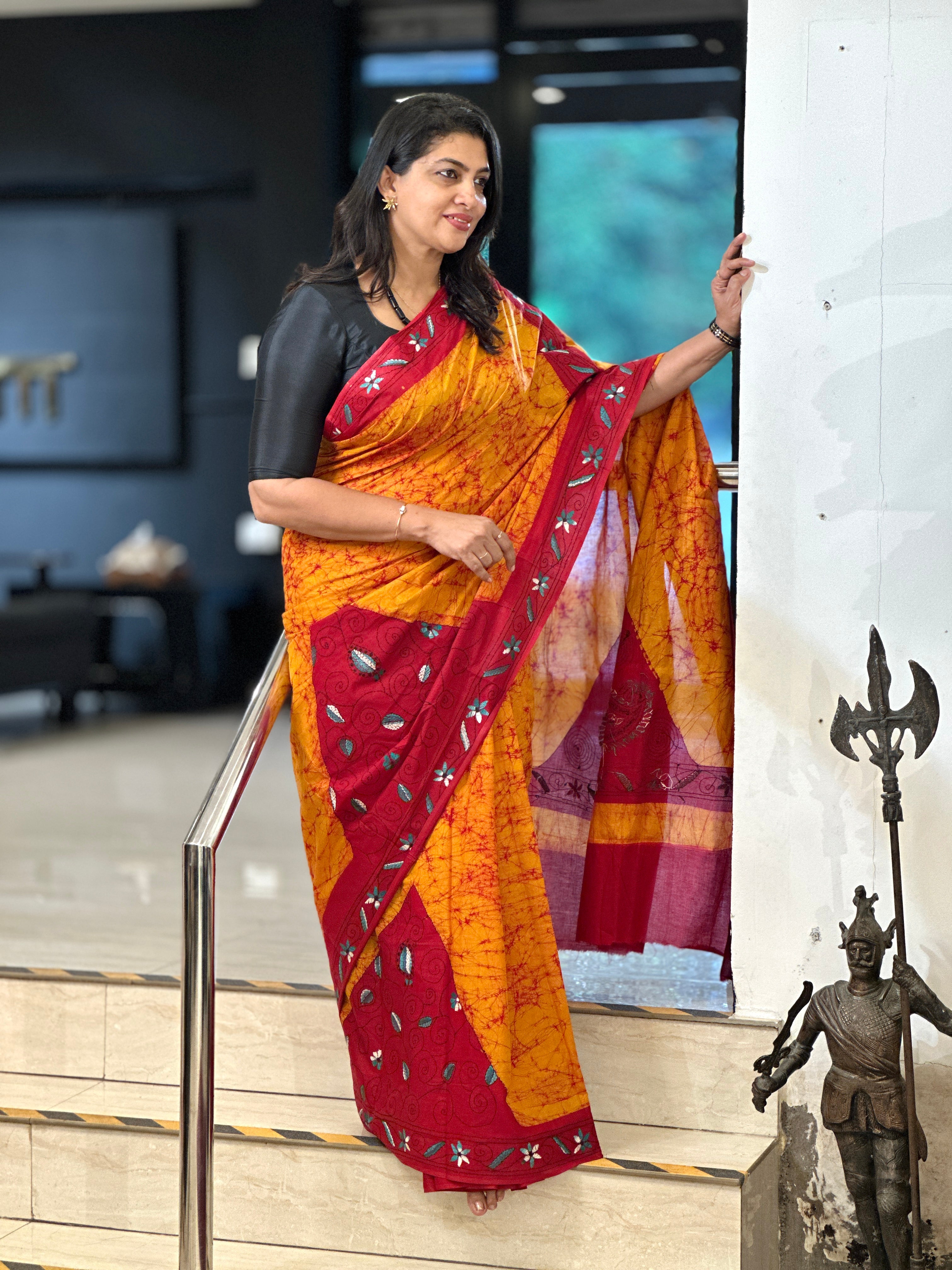 Tie & Dye With Kantha Embroidery Detailed Cotton Saree | AYD197