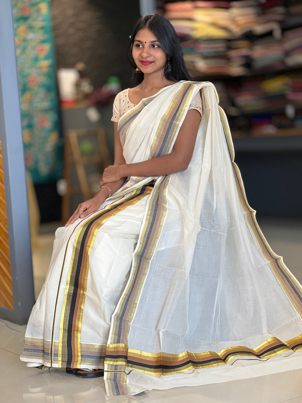 Golden Kasavu & Double Color Kara Kerala Cotton Set Mundu | GAT277