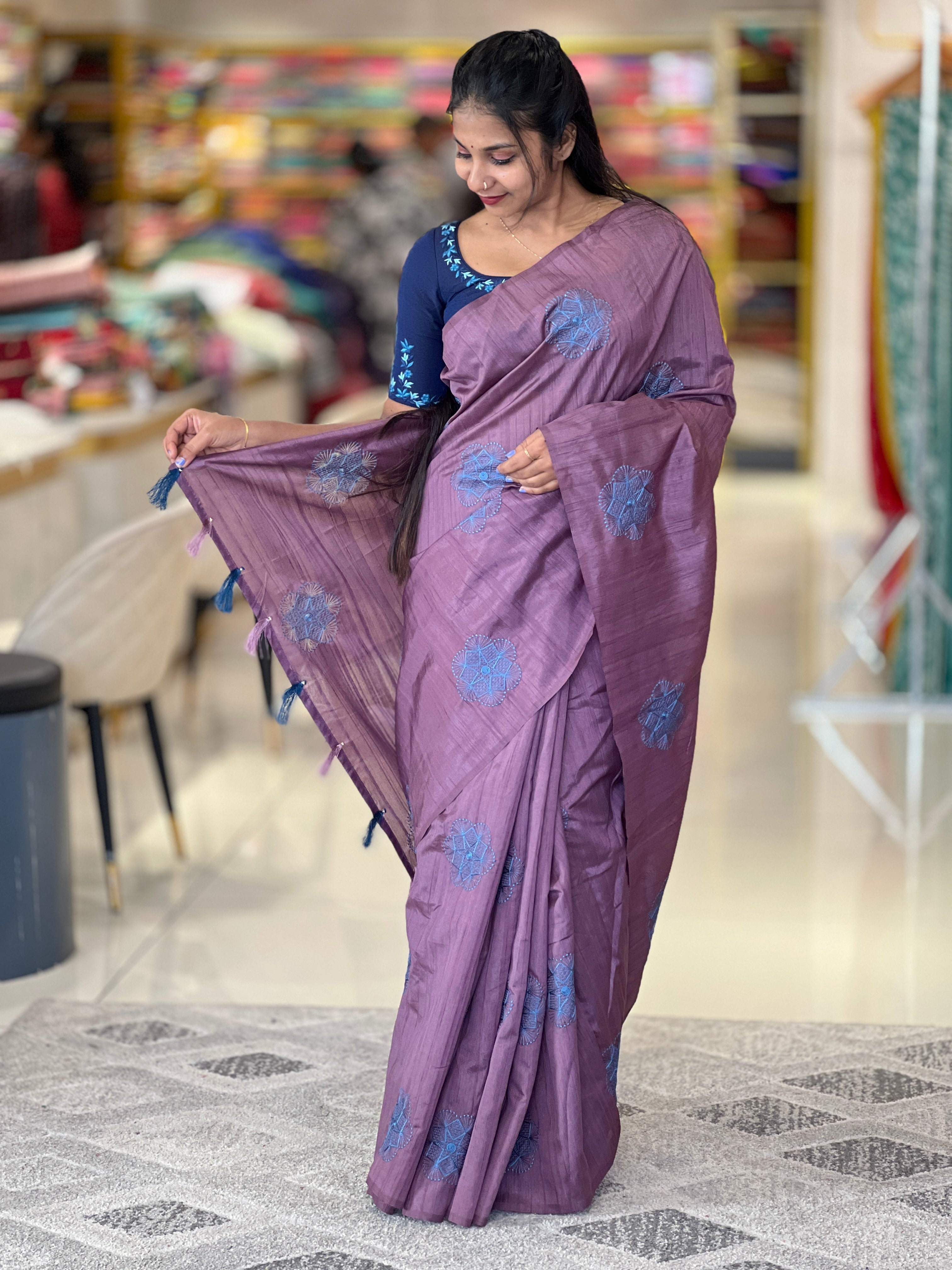 Thread Embroidered Semi Silk Saree | SBP456