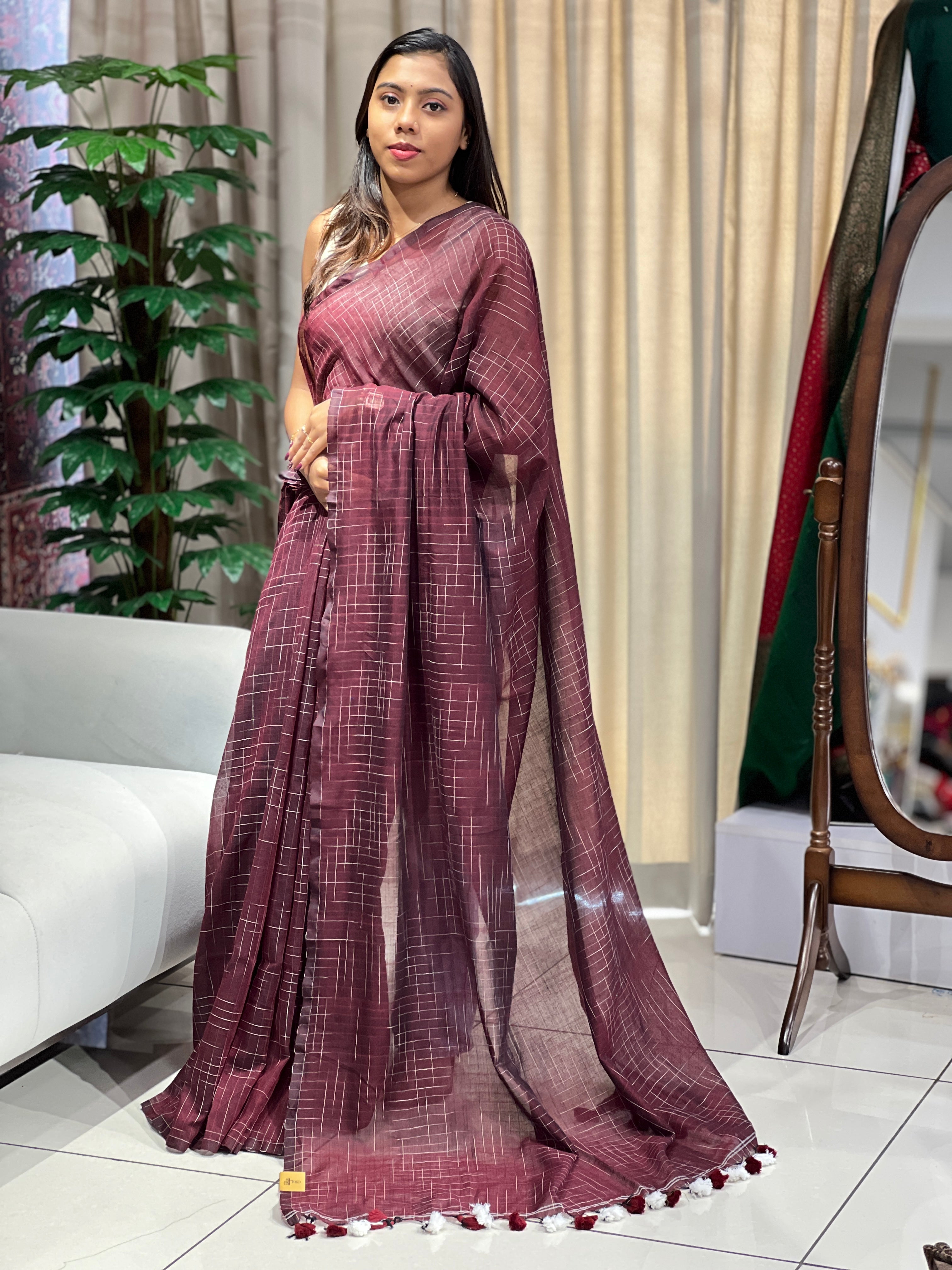 Thread Weaved Linen Cotton Saree | PF1168