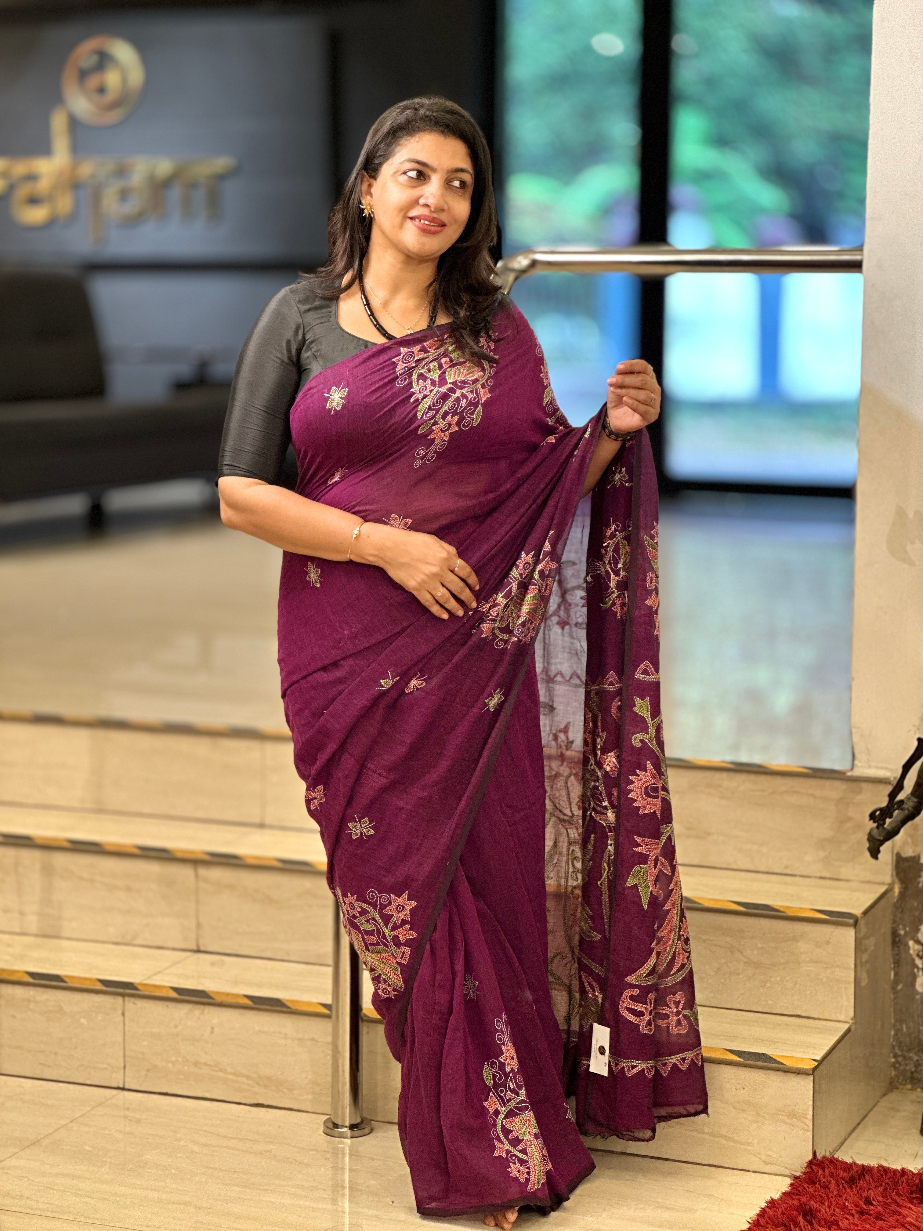 Kantha Embroidery Detailed Khadi Cotton Saree | AYD168