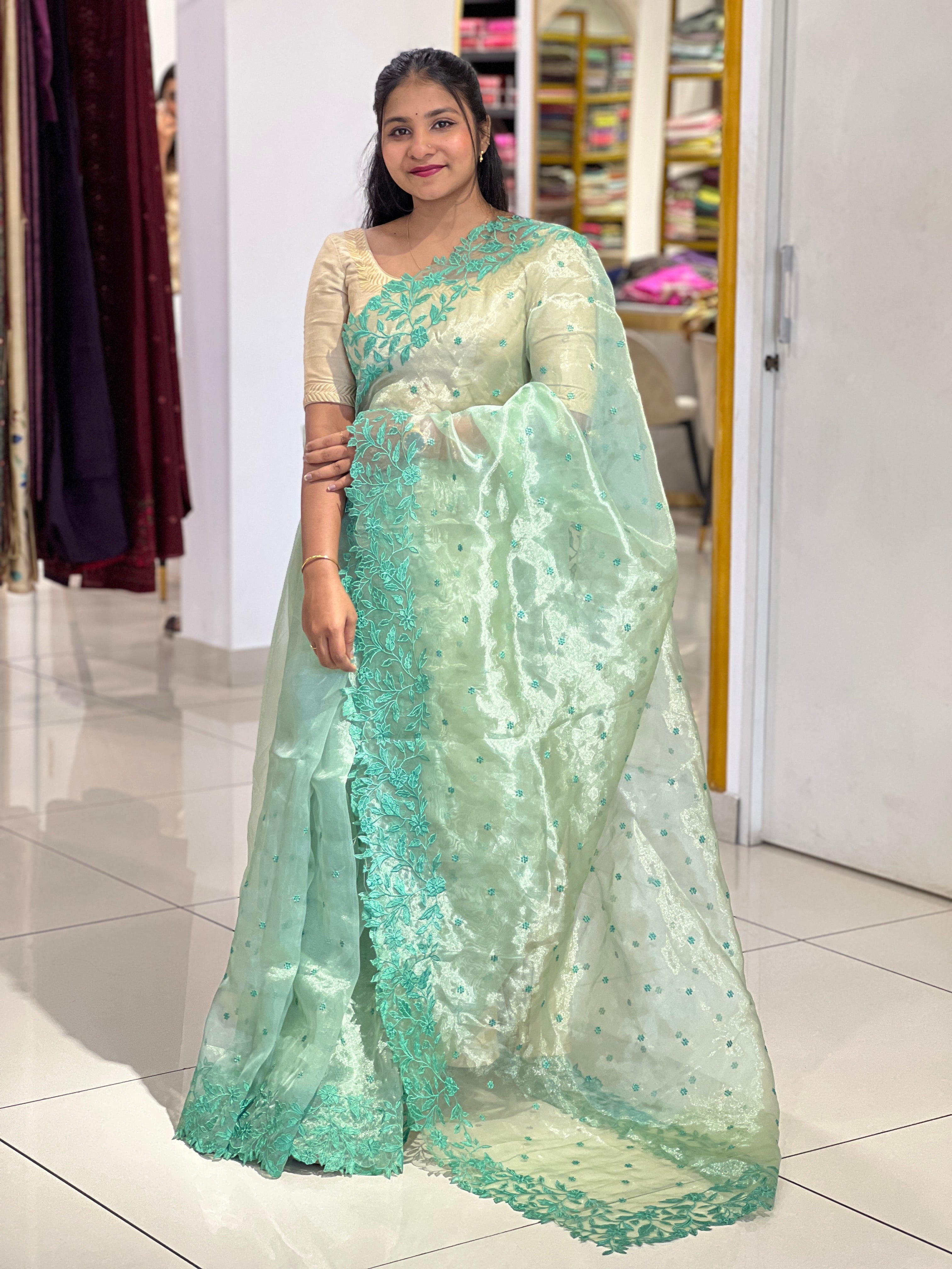 Floral Embroidery Detailed Shimmer Organza Saree | BLD1599