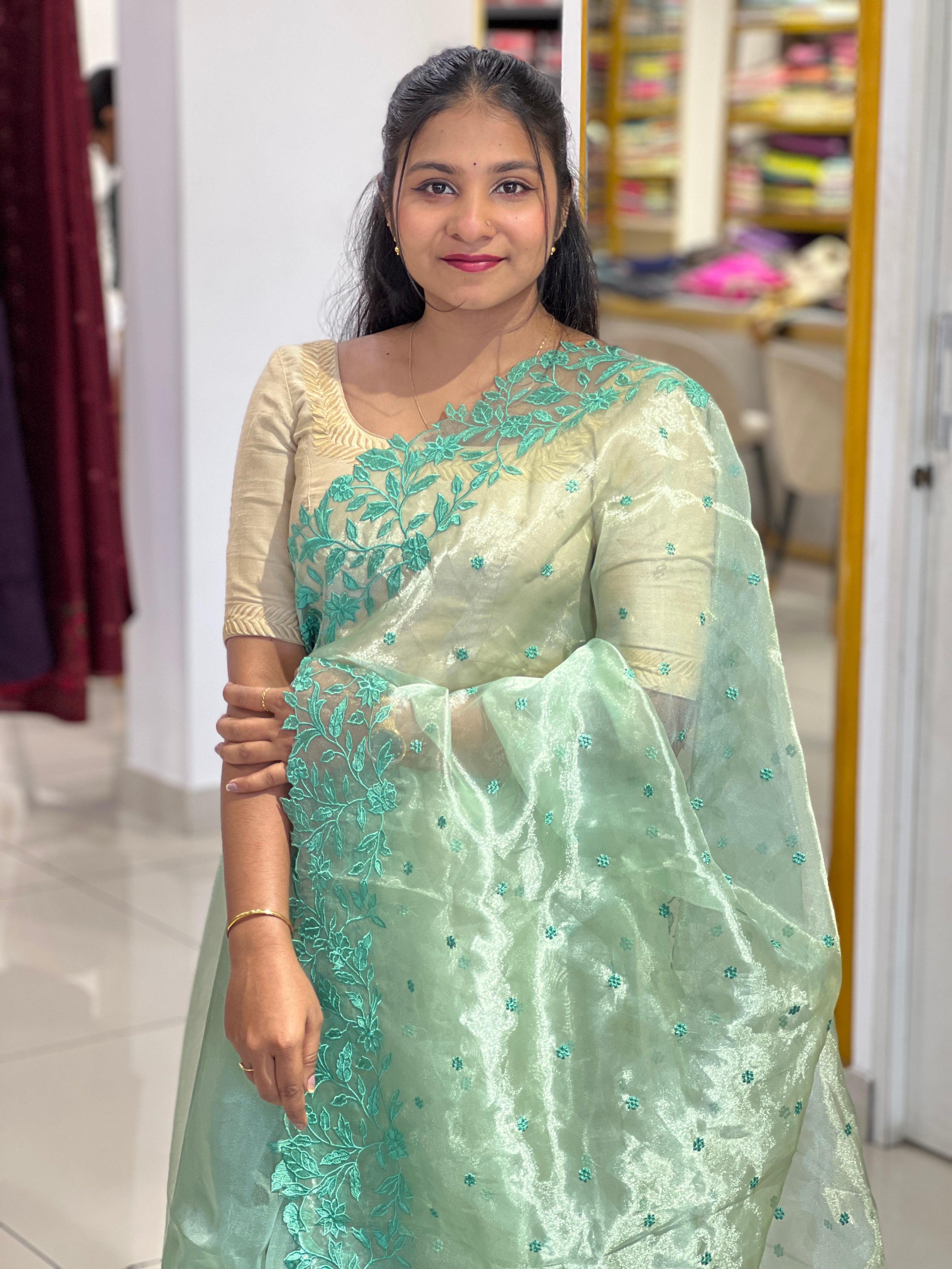 Floral Embroidery Detailed Shimmer Organza Saree | BLD1599